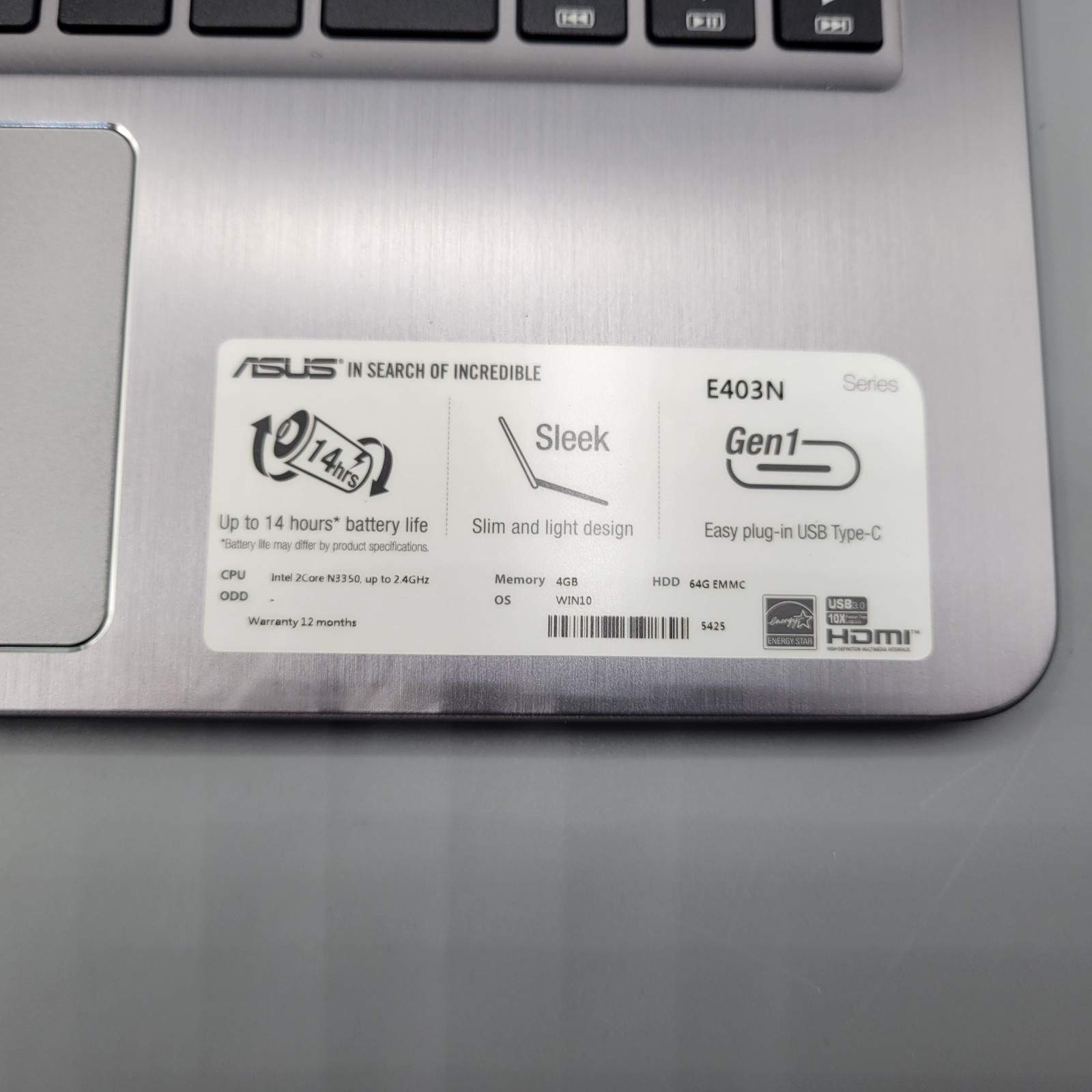 Asus Notebook PC E403N E403N 14″ Celeron N3350 1.1GHz 4GB RAM (FOR PARTS/REPAIR)