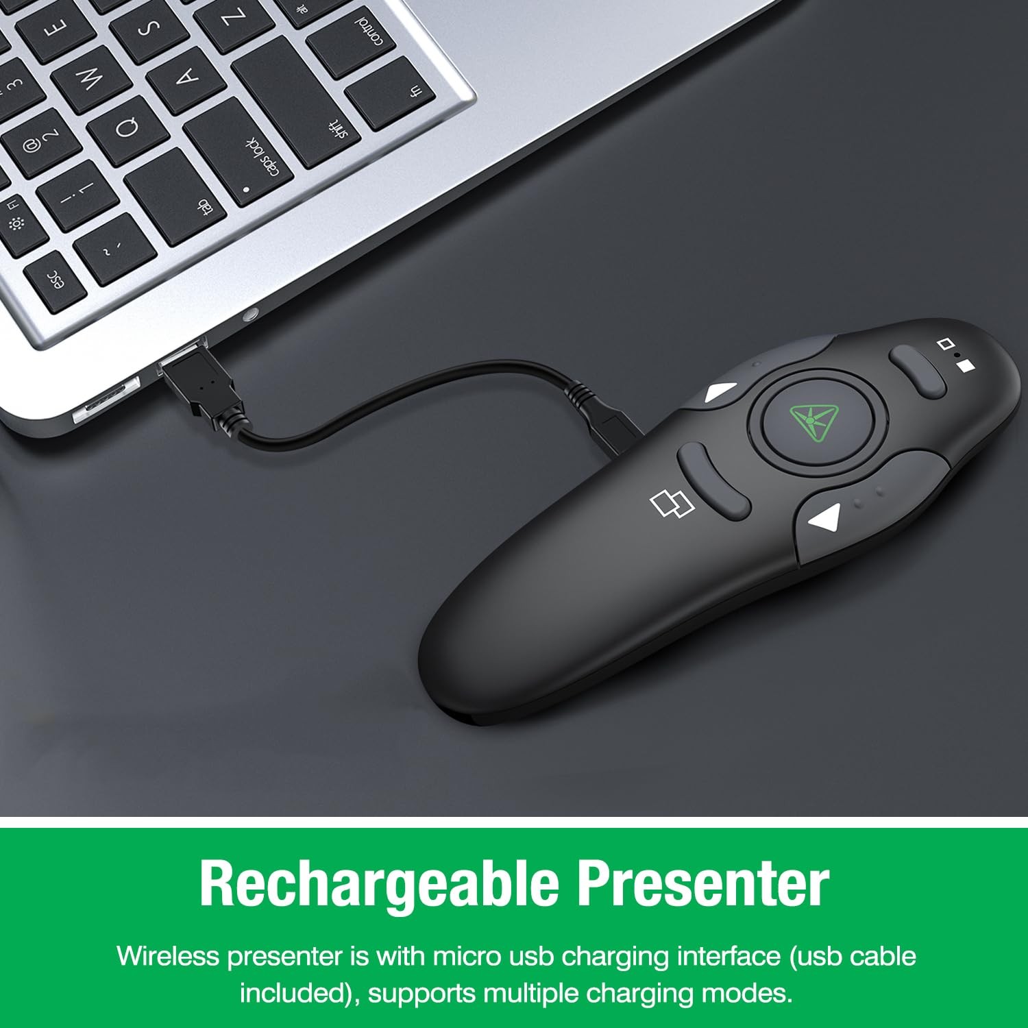 DinoFire Green Wireless Presenter Remote RF 2.4GHz USB Rechargeable Clicker