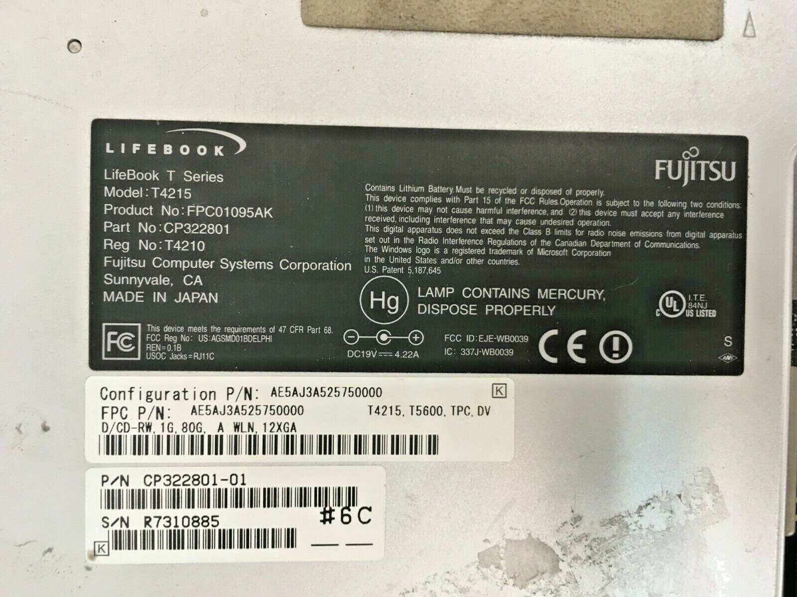Fujitsu LifeBook T4215 Tablet Laptop For Parts Powers on No Video NO HDD/RAM JR
