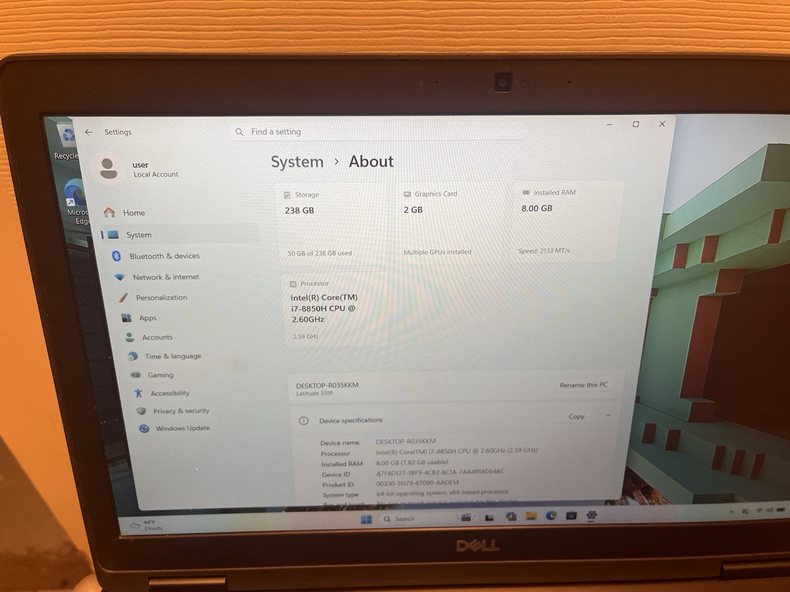 Dell Latitude 5591 i7-8850H 2.60 GHz 8Gb SSD 256Gb
