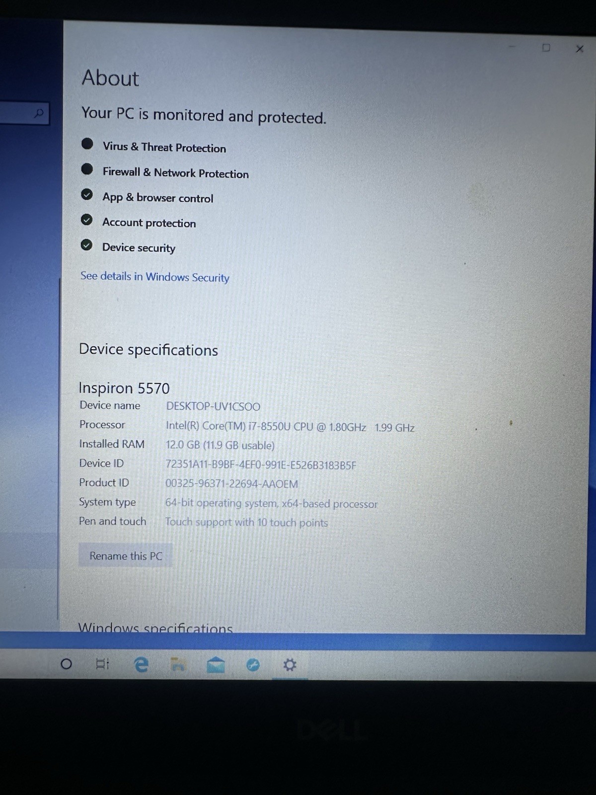 Dell Inspiron 5570 15″ i7- Laptop 12GB NO Power Adapter Windows 11 Home