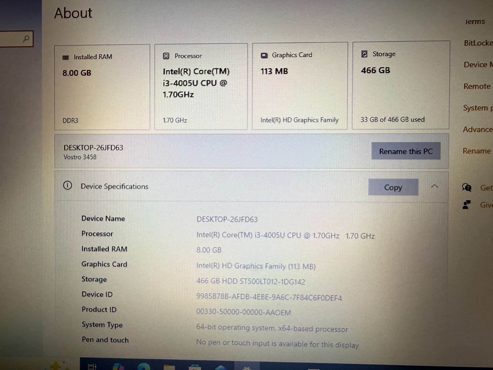 DELL VOSTRO 3458 LAPTOP I3-4005U 1.70GHZ 14″ LCD 8GB RAM 500GB HARD DRIVE W/AC