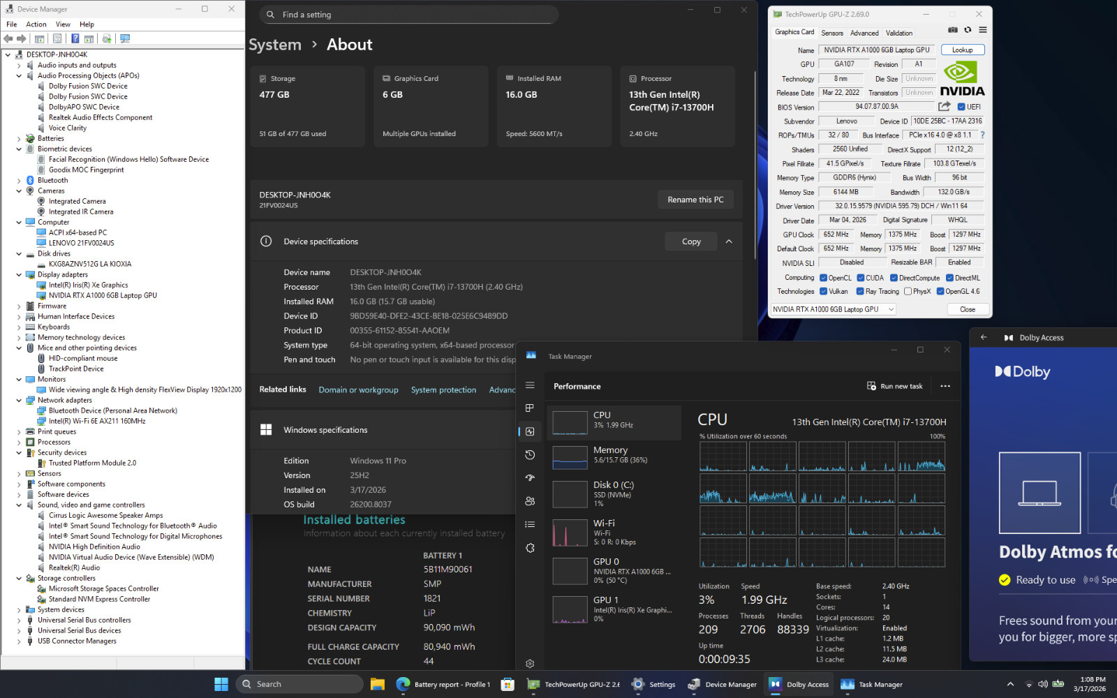 Lenovo ThinkPad P1 Gen 6 i7-13700H 16″ 1920×1200 16GB NVIDIA RTX A1000
