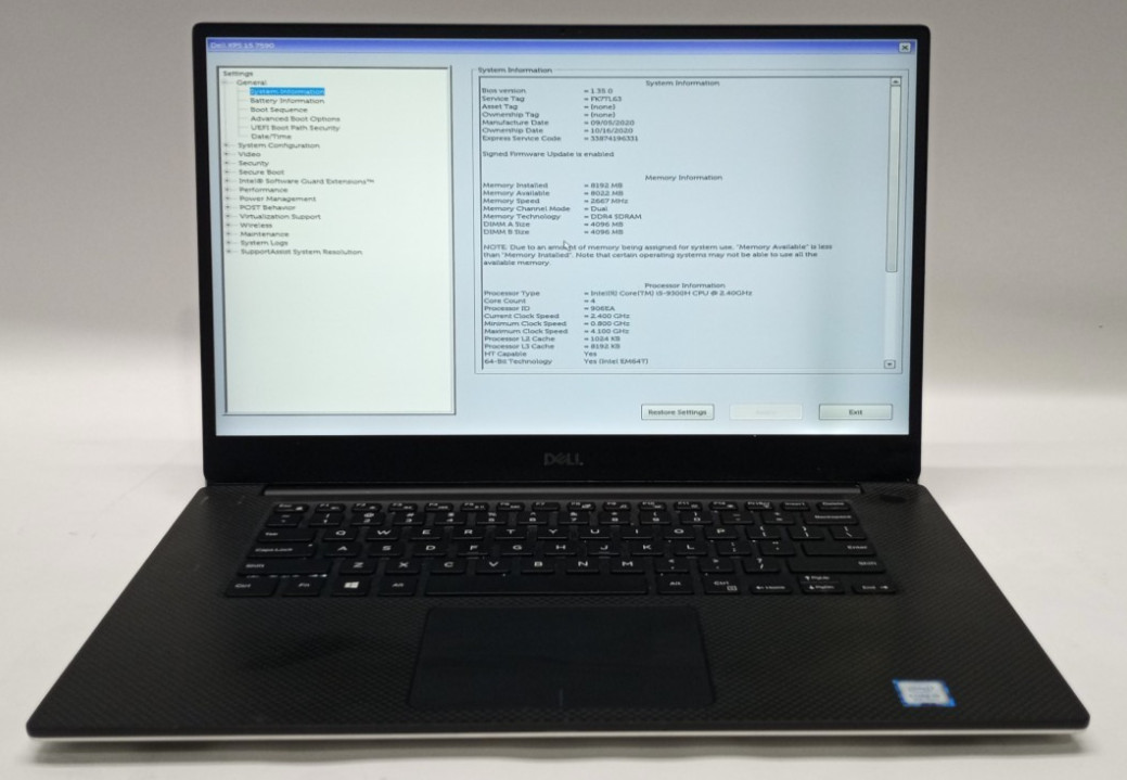 DELL XPS 15 7590 15.6″FHD i5-9300H@2.40GHz 8GB RAM 256GB NVMe WIN 11 Pro WH761*!
