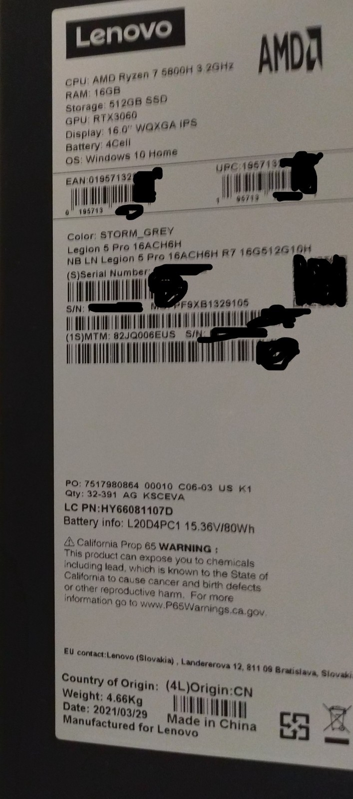 Lenovo Legion 5 Pro 16” (Ryzen 5800H / 16GB RAM / 512GB SSD / RTX 3060) *READ*