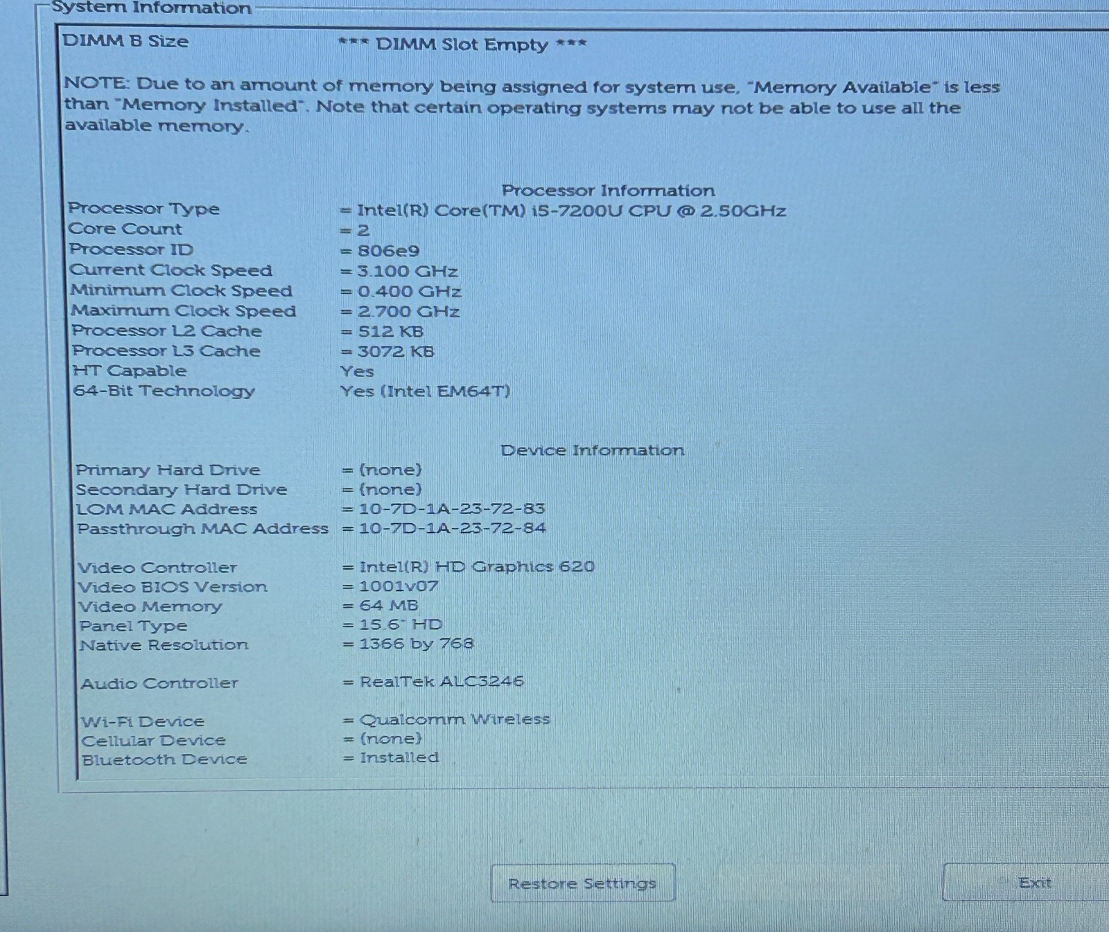 Dell Latitude 3580 15.6″ Laptop i5-7200U 4GB RAM No HDD/SSD