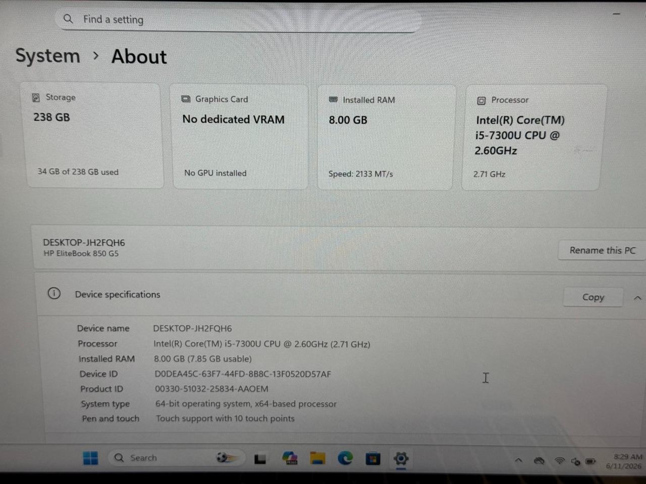 HP EliteBook 850 G5 8GB RAM, i5-7300U, 2.60GHz, 256GB SSD Windows 11