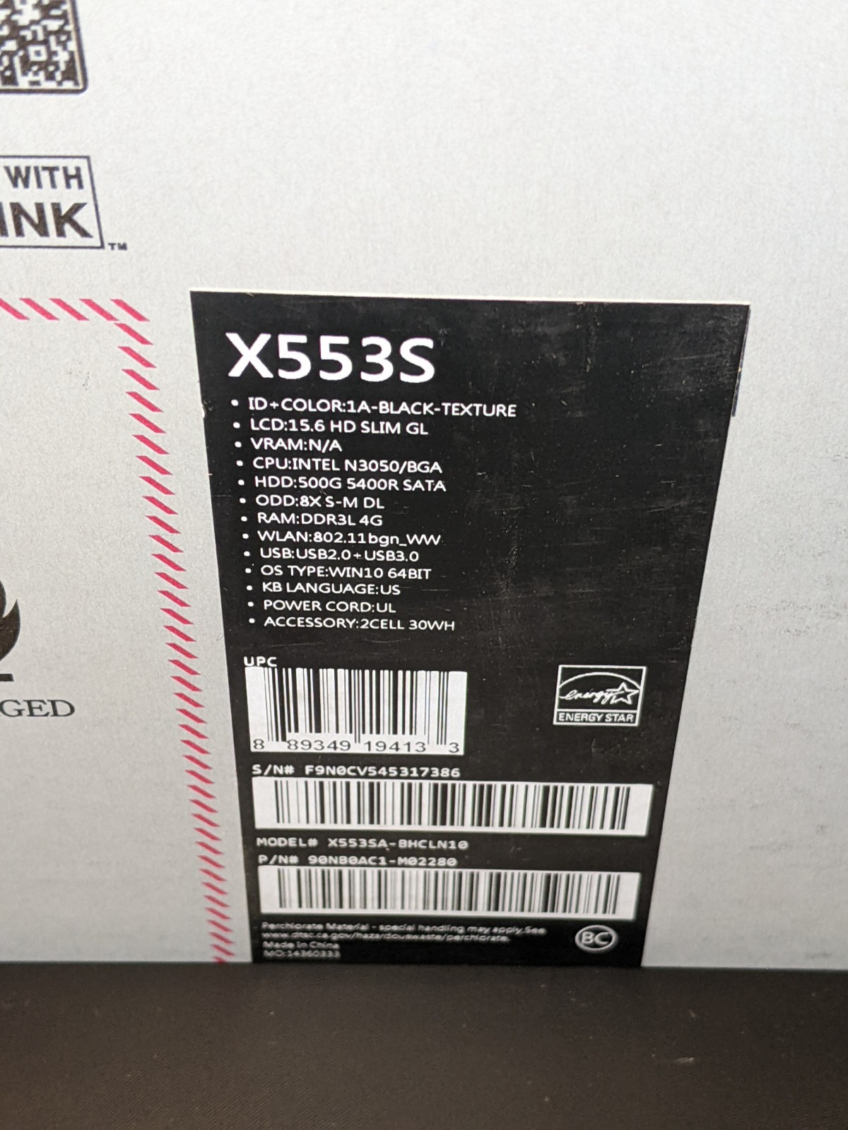 ASUS X553S 15.6” / Intel Dual Core N3050 @ 1.60GHz – Win10 – Black EXCELLE w/Box