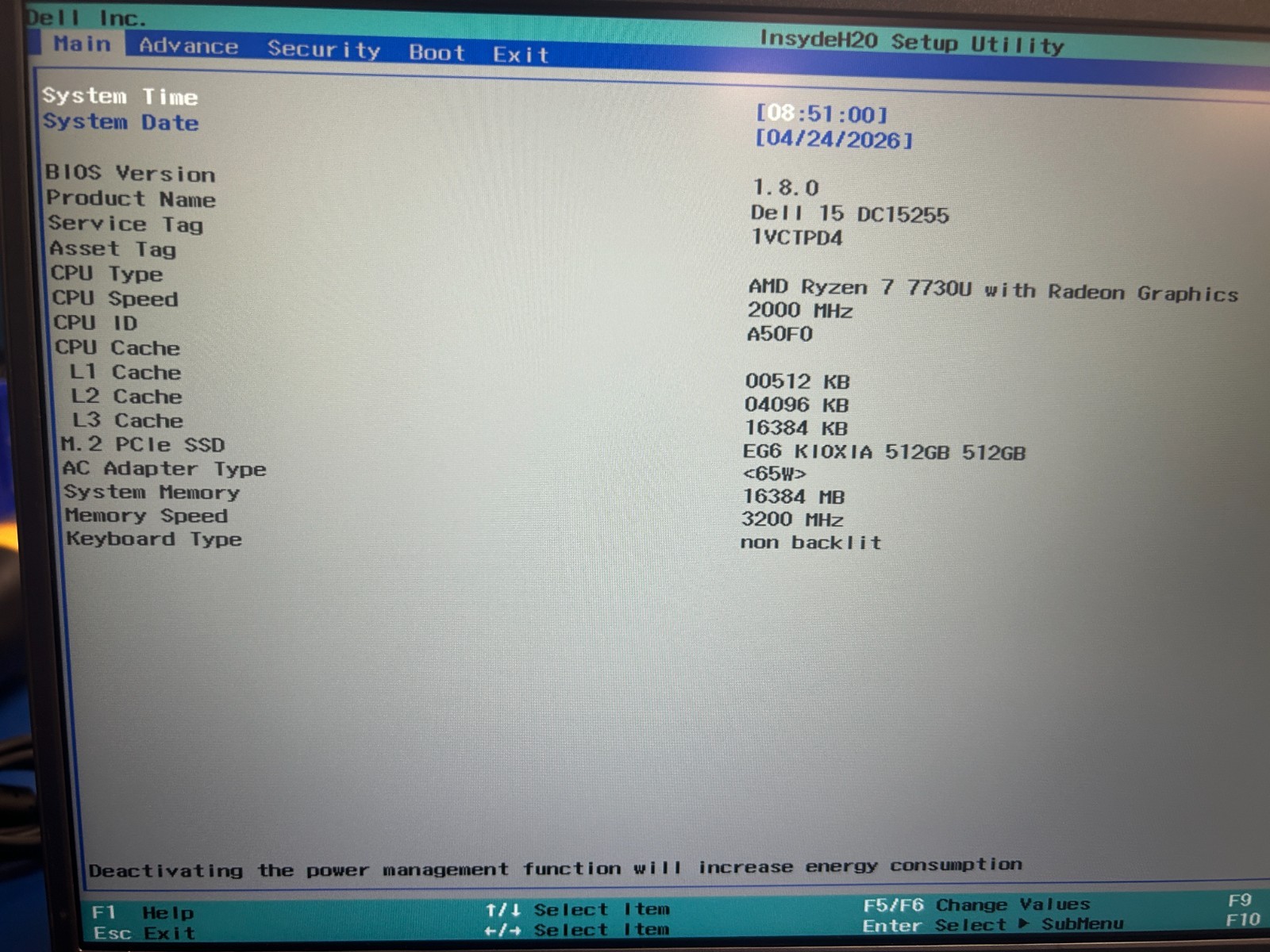 DELL 15 DC15255 G8MK9, AMD Ryzen 7 7730U, 2.00 GHz, 16 GB RAM, 512 GB NVMe