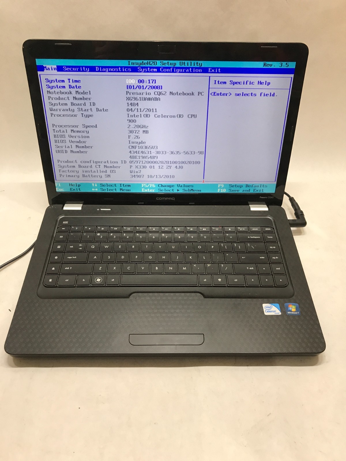HP Compaq CQ62-411NR 15″ Intel Celeron 3GB RAM NO HDD NO OS Boots To BIOS!! – DW