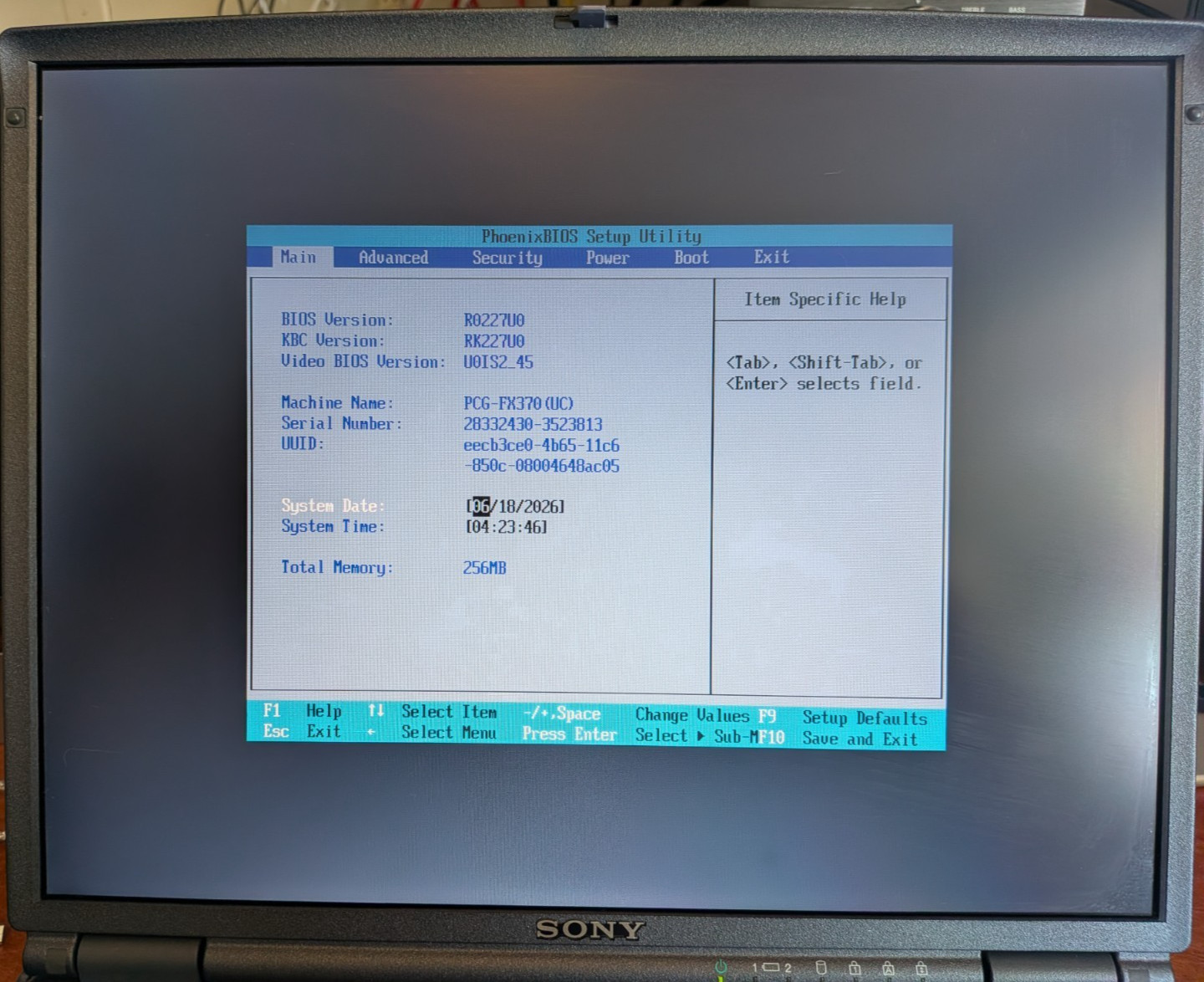 Sony VAIO PCG-FX370 Laptop, 256MB RAM, 20GB HD, Sony Power Supply, PC Card Wifi