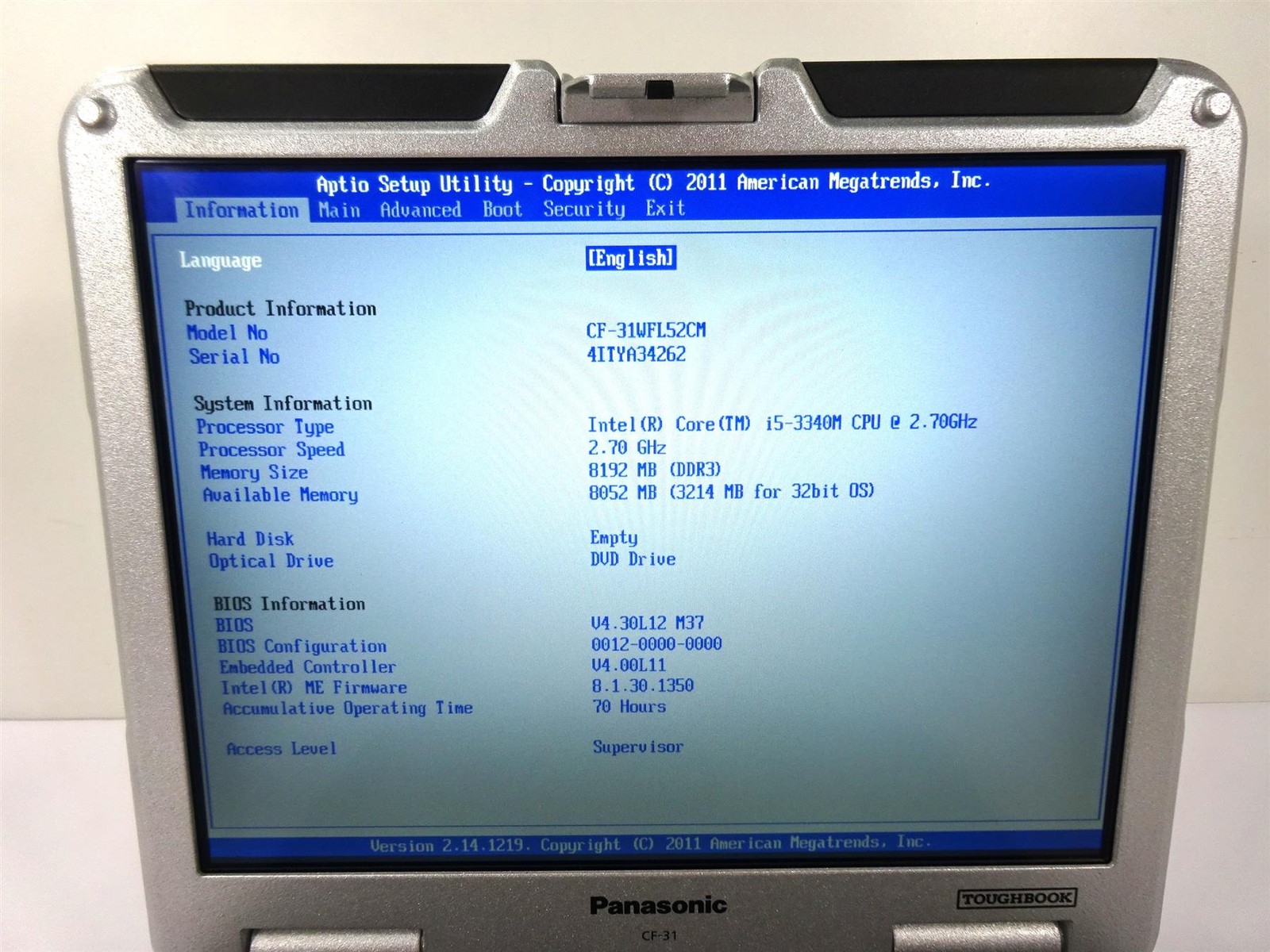 Panasonic CF-31 MK4 Core i5-3340M 2.7GHz 8GB – No HDD – Usage : 70 Hours