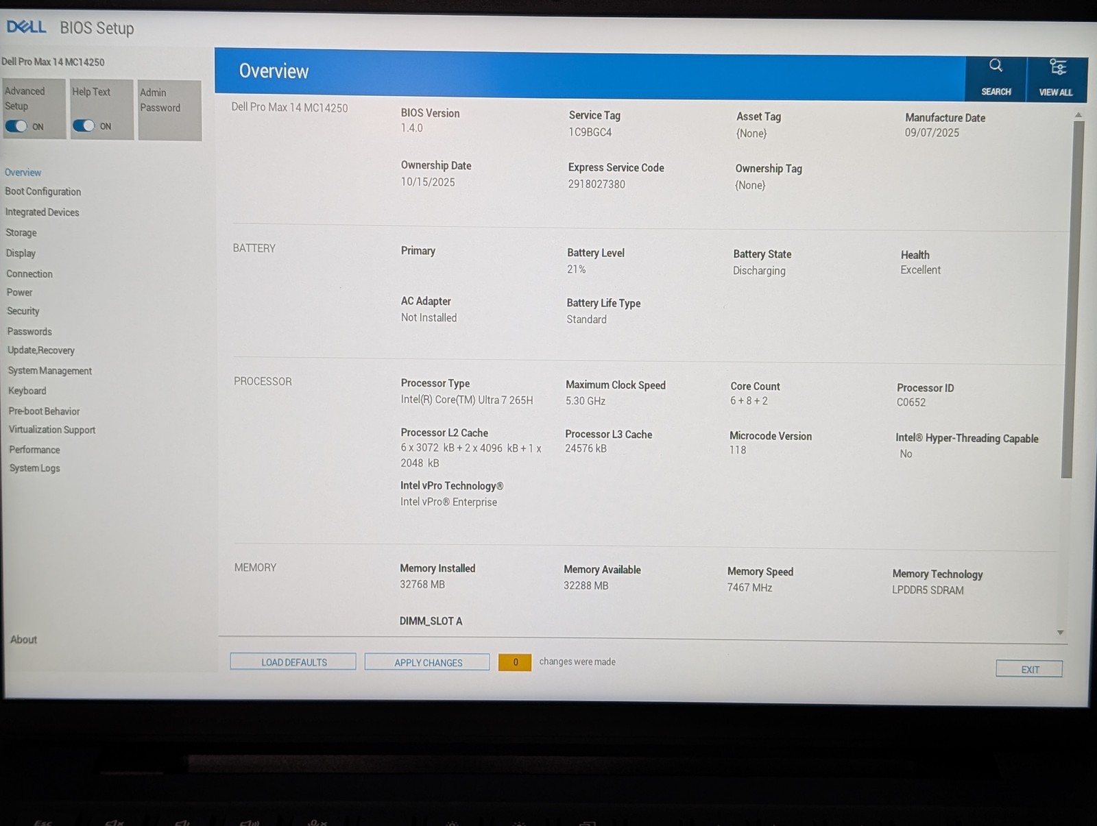 Dell Pro Max 14 MC14250 14″ Ultra 7 265H 32GB RAM 256GB SSD – Grade D
