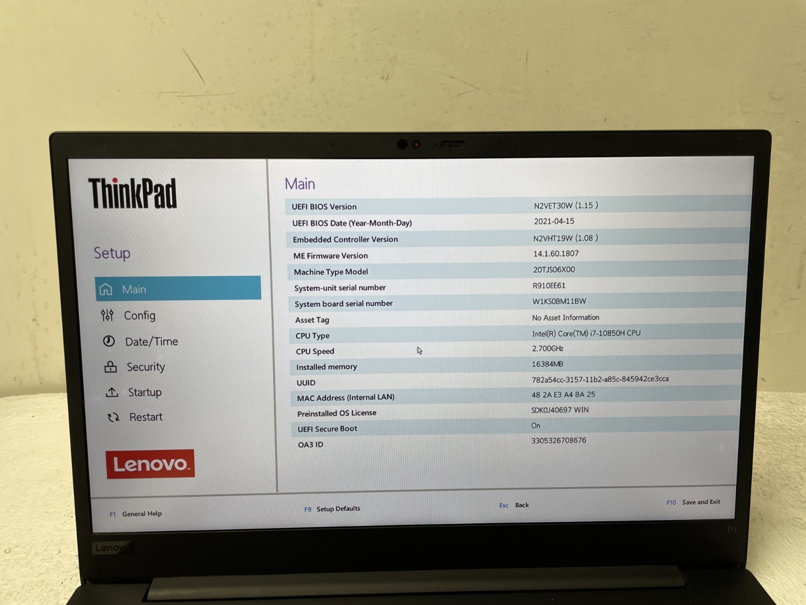 Lenovo ThinkPad P1 Gen 3 Intel Core i7-10850H @2.70GHz 16GB RAM NO SSD Part READ