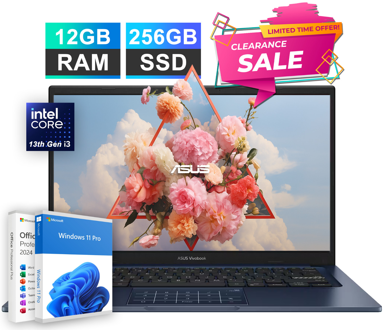 2026 ASUS Vivobook 14″ FHD Laptop 13th Gen Intel i3 12GB RAM 256GB SSD Win11 Pro