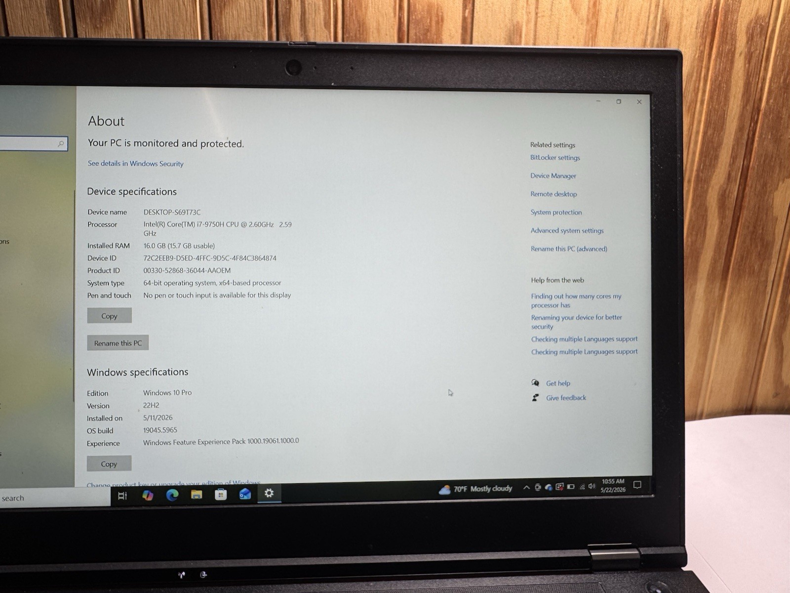 Lenovo ThinkPad Core i7-9750H 16GB RAM 237GB SSD 15.6″ Windows 10 Pro Laptop