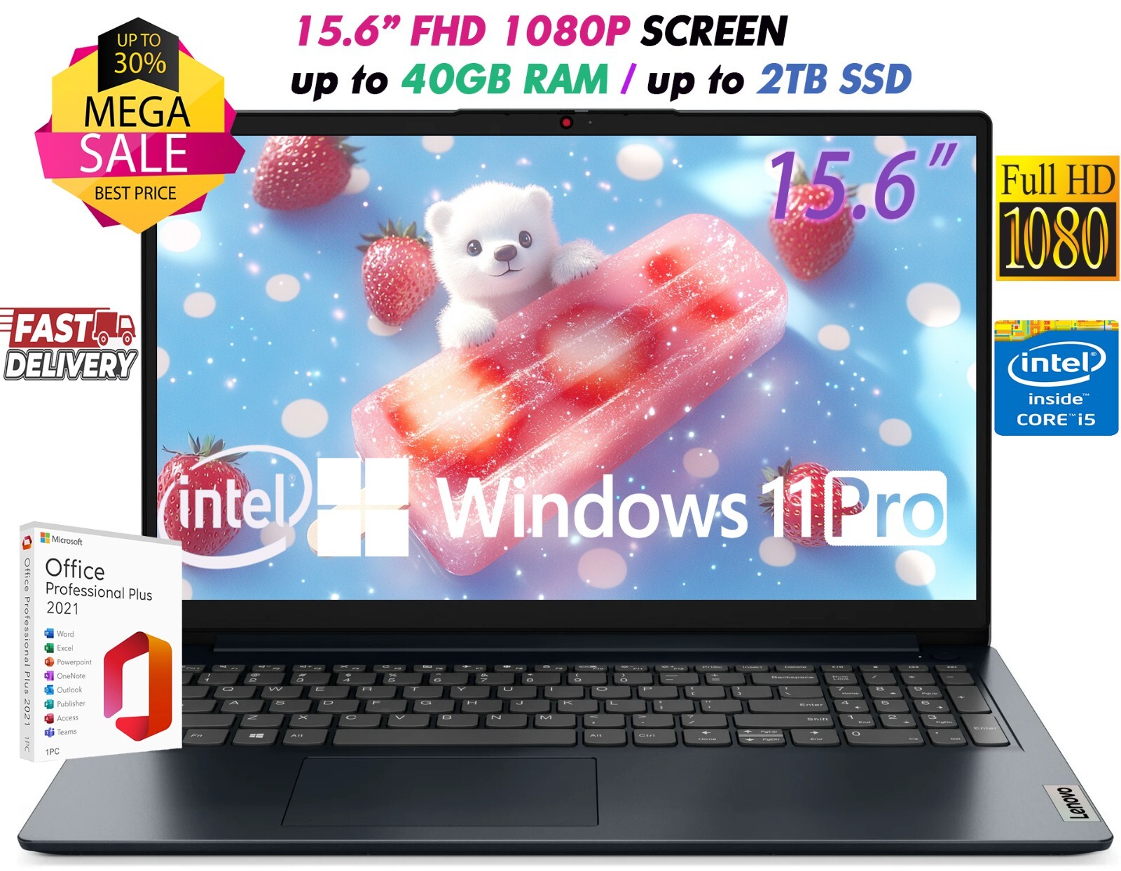 Lenovo Laptop 15.6″ FHD Intel i5-1235U Up to 40GB RAM & 2TB SSD Win11 Pro+OFFICE