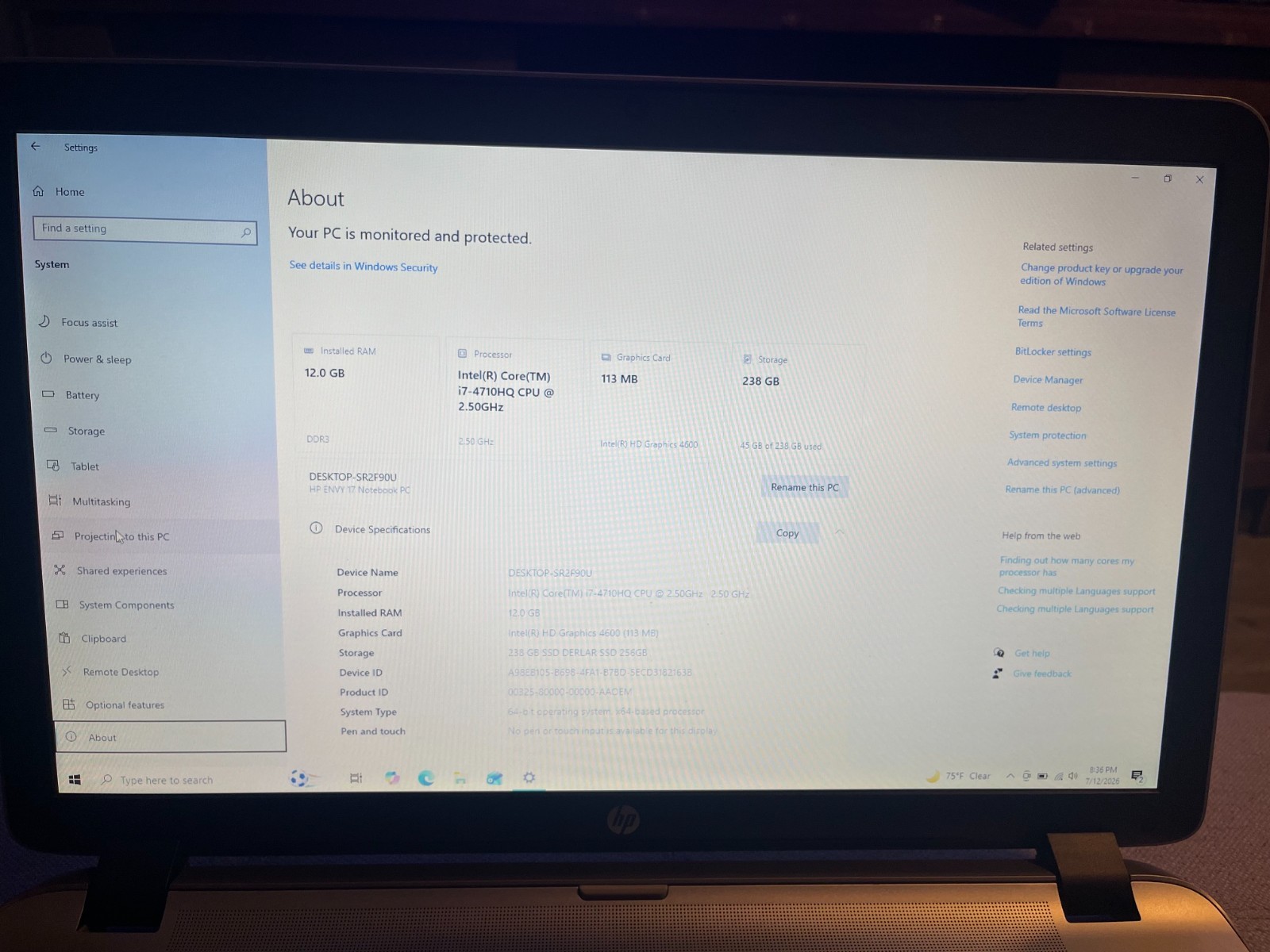 HP Envy 17t-k100 17.3″ Laptop i7-4710HQ 12GB RAM 256 GB SSD 2.50Ghz Win 10 home