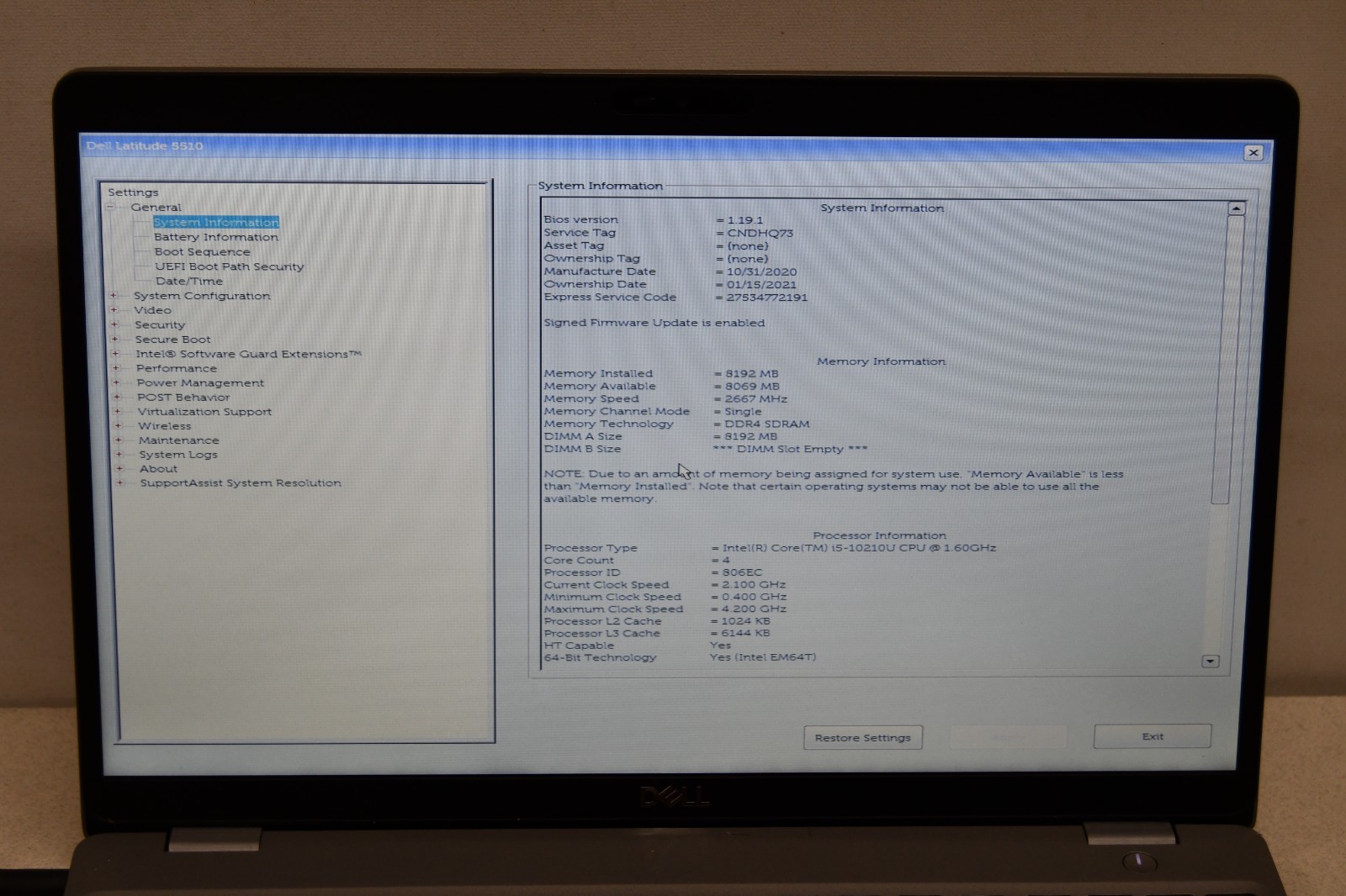 ^ Dell Latitude 5510 Intel i5-10210U @ 1.6GHz 8 GB Ram 256GB SSD No OS #X7266