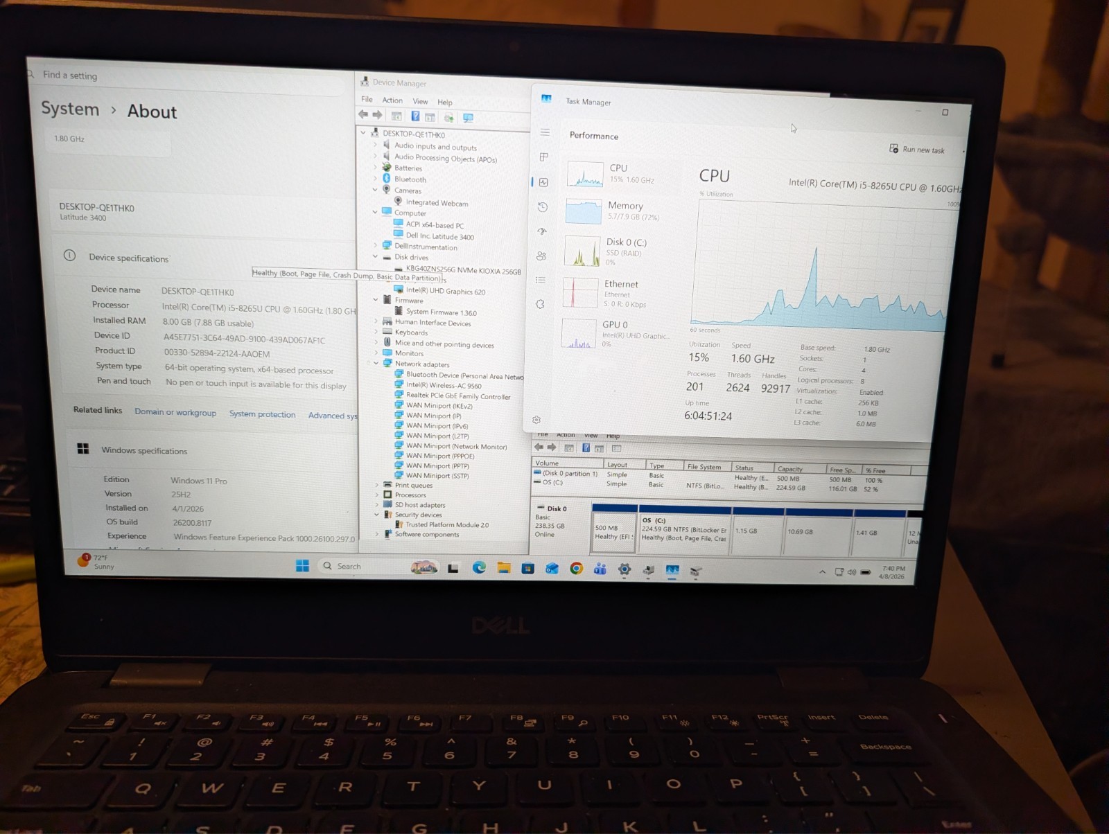 Dell Latitude 3400 Laptop,i5-8265U, 8GB DDR4, 256GB NVMe, Win11 Pro, 65W Charger