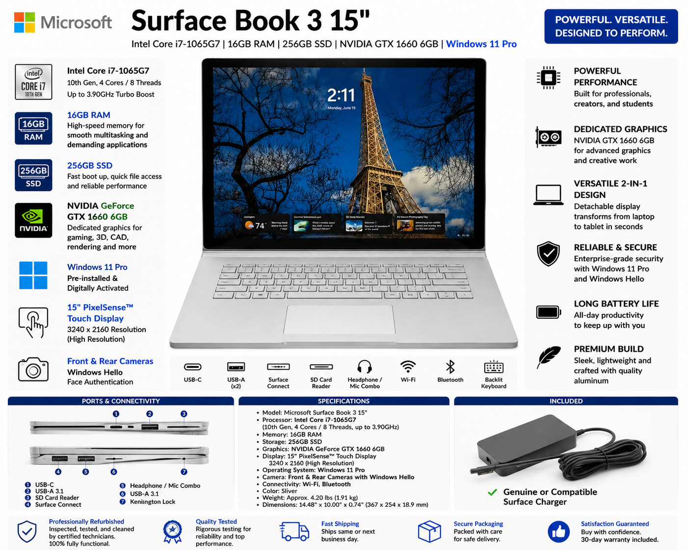 Microsoft Surface Book 3 15″ Touch i7-1065G7 16GB RAM 256GB SSD GTX 1660 Win11P