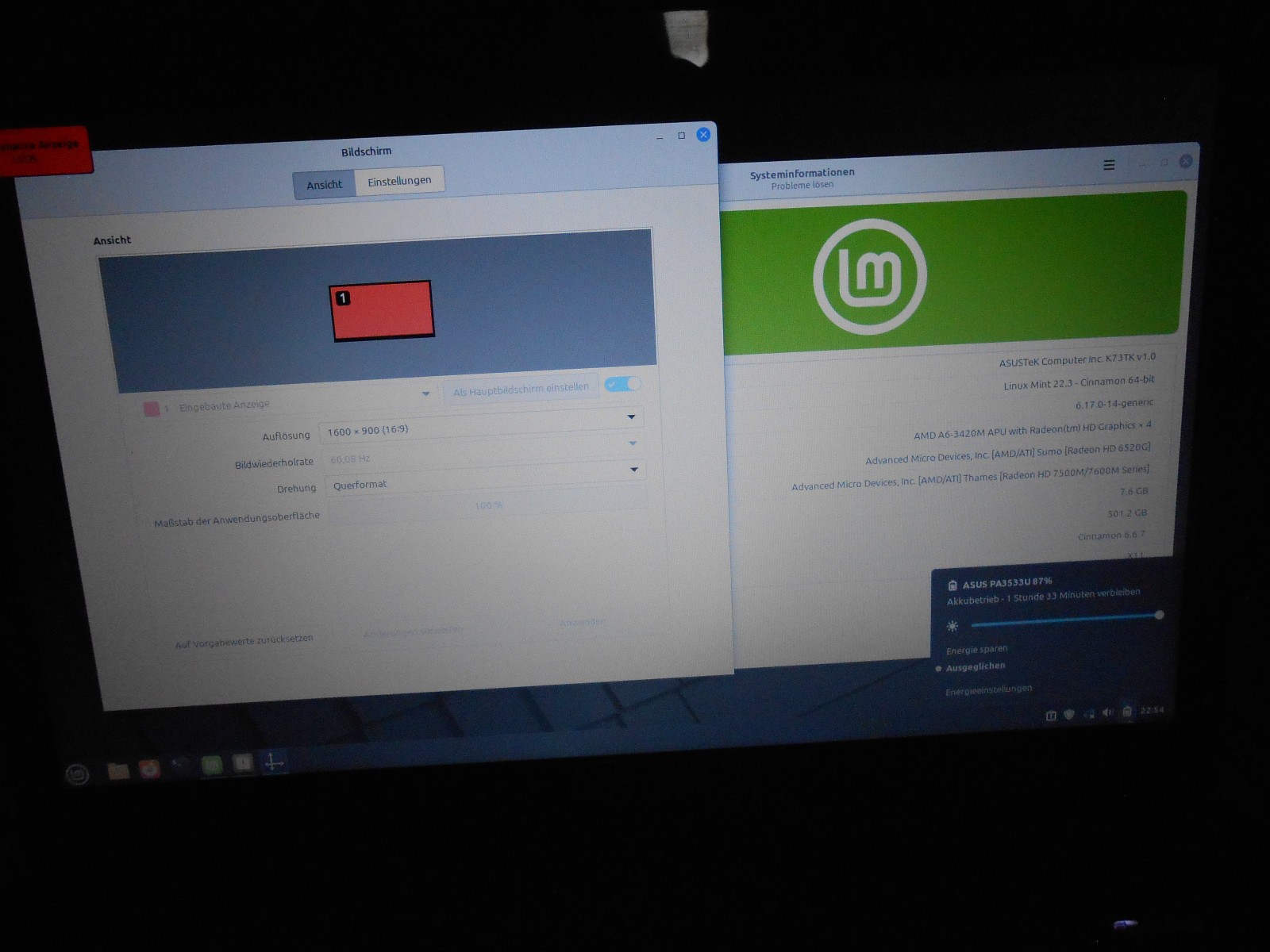 Asus K73T AMD A6-3420M 4x 1.5GHz / 8GB RAM / 500GB HDD / 17.3 inch Linux Mint