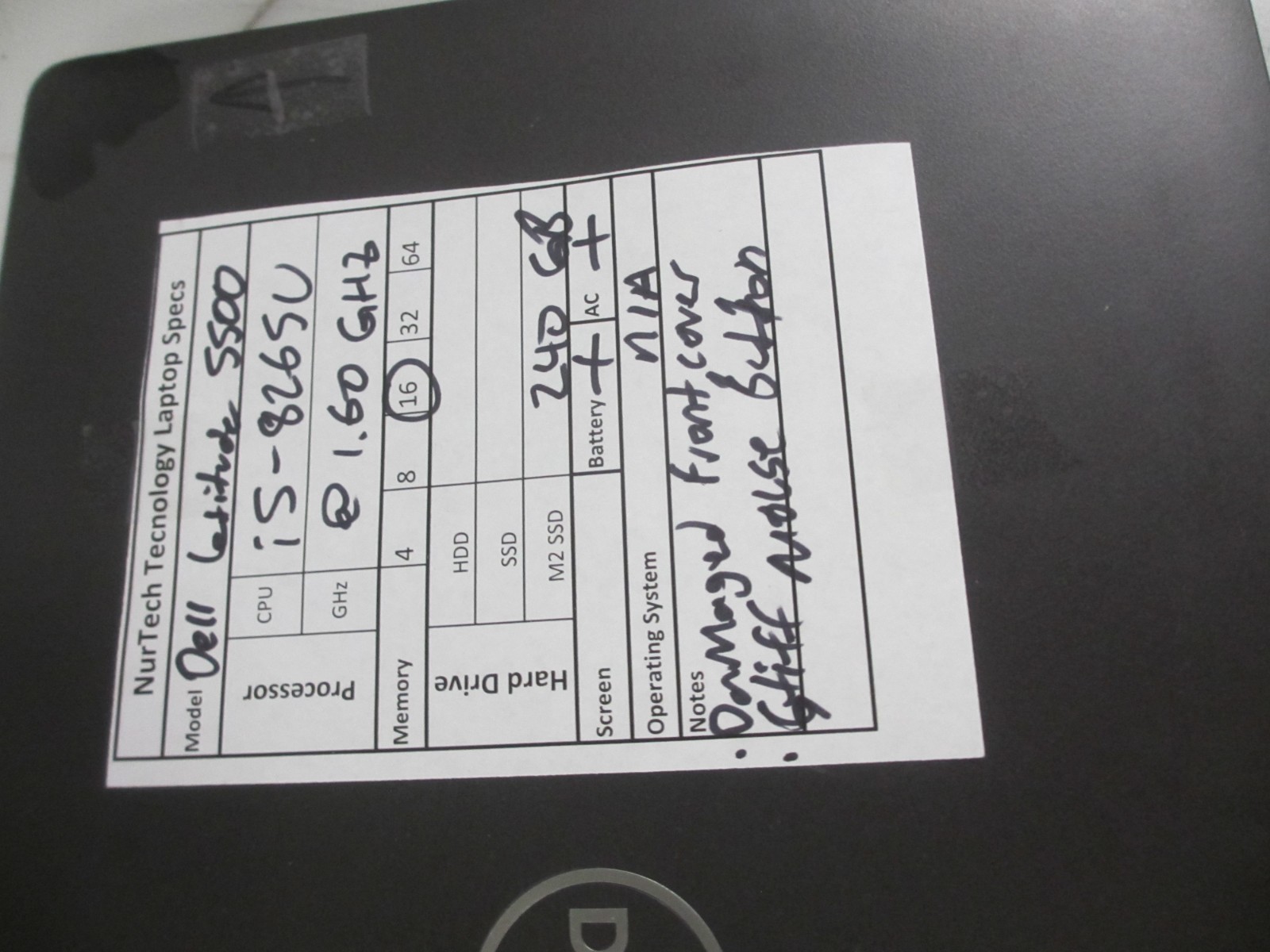 Dell Latitude 5500 i5-8265U 1.6GHz 16GB/240GB m2SSD [NO OS] Laptop + AC READ-)
