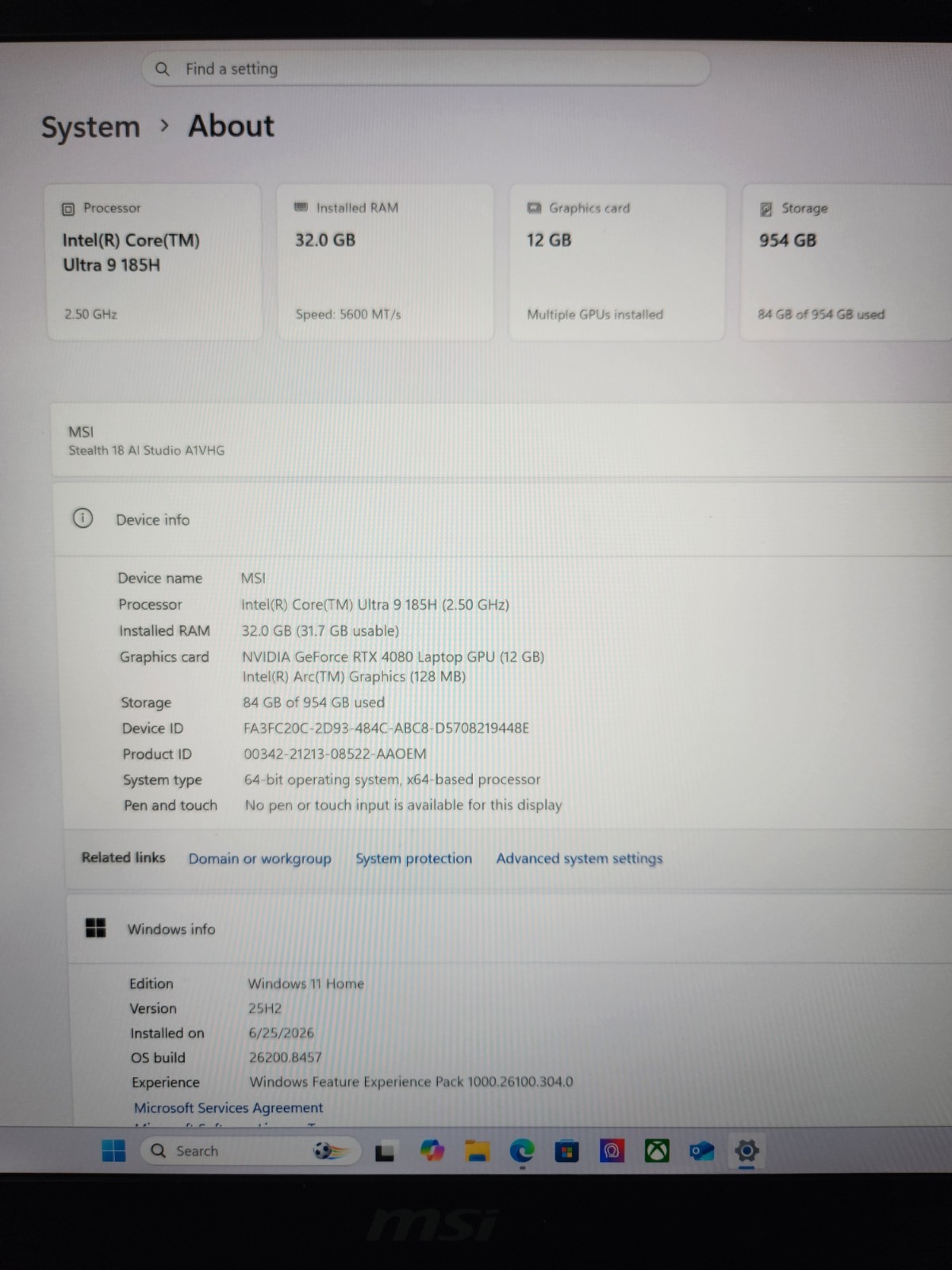 MSI Stealth 18 AI Studio Intel Core Ultra 9-185H RTX 4080 32GB 1TB SSD 18″ W11H