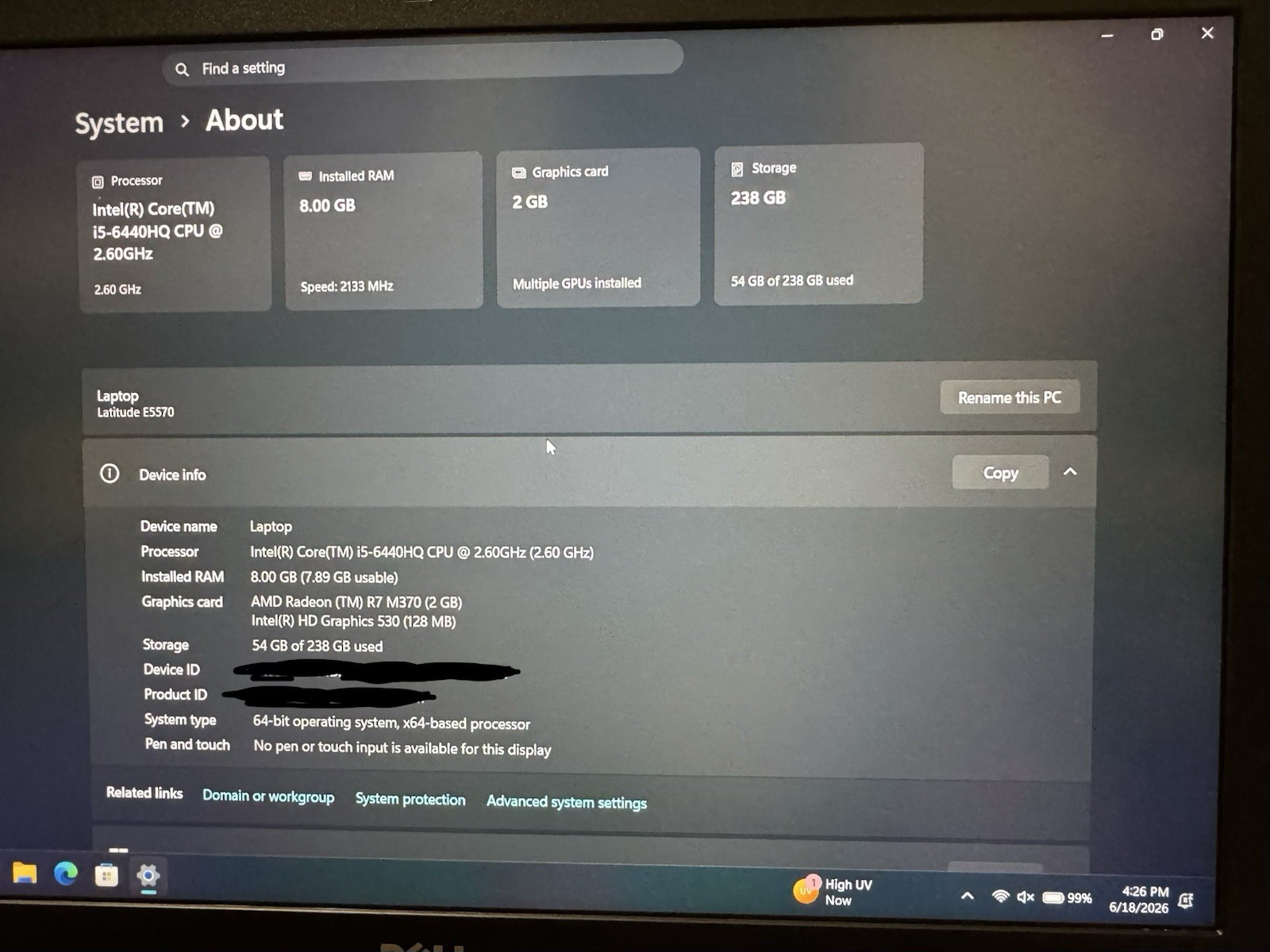 Dell Latitude E5570 i5-6440HQ 8GB 240GB Win11 Pro