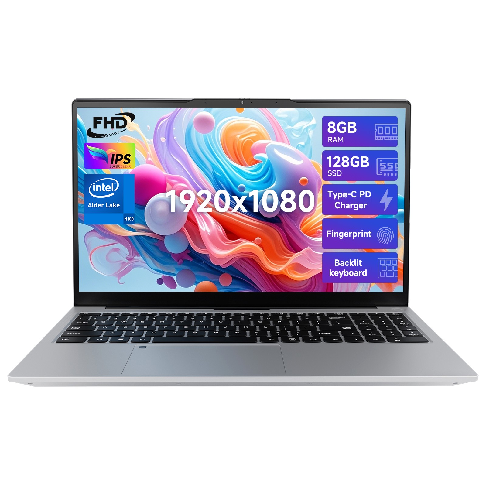 15.6 FHD Laptop Student Laptop 8GB RAM 128GB SSD Intel Pentium Quad-Core N100