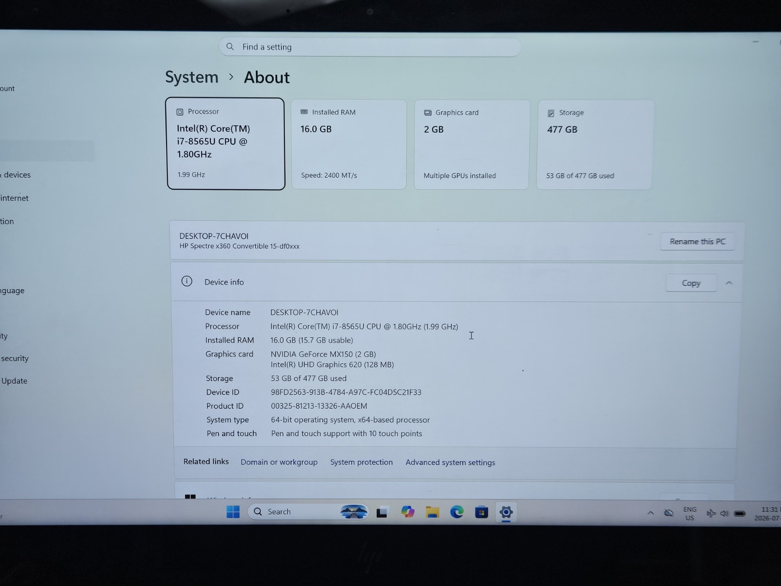 HP Spectre x360 2-in-1 15.6″ 4K 8th Gen Intel i7 16GB RAM 512GB SSD NVIDIA MX150