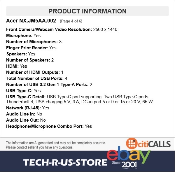 Acer NX.JM5AA.002 Chromebook Plus Enterprise 714 14″ Ultra 5 125U 16GB 256G