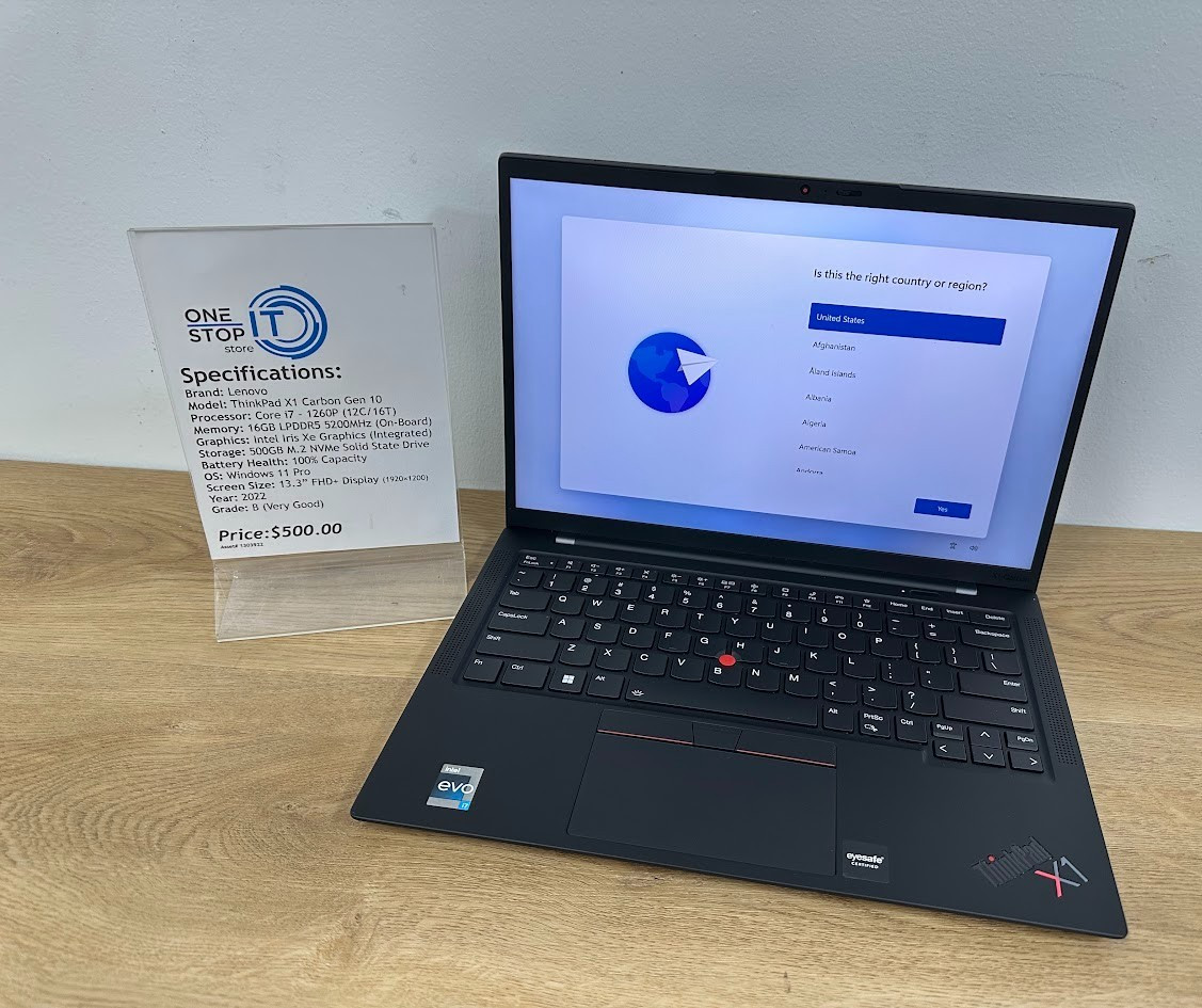Lenovo ThinkPad X1 Carbon Gen 10, Core i7 1270P, 16GB LPDDR5 Iris Xe, 500 GB SSD