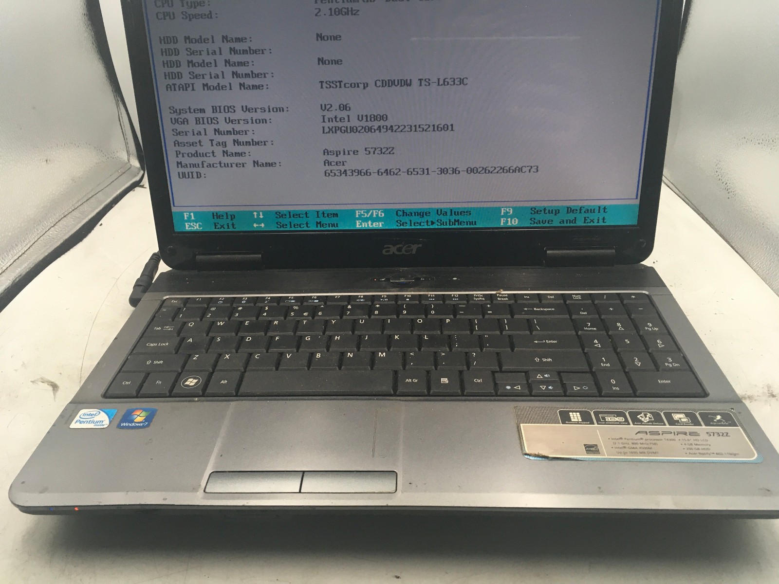 ACER ASPIRE 5732Z 4855 – BOOTS TO BIOS – INTEL T4300 DUAL CORE – 4B RAM -READ-BB