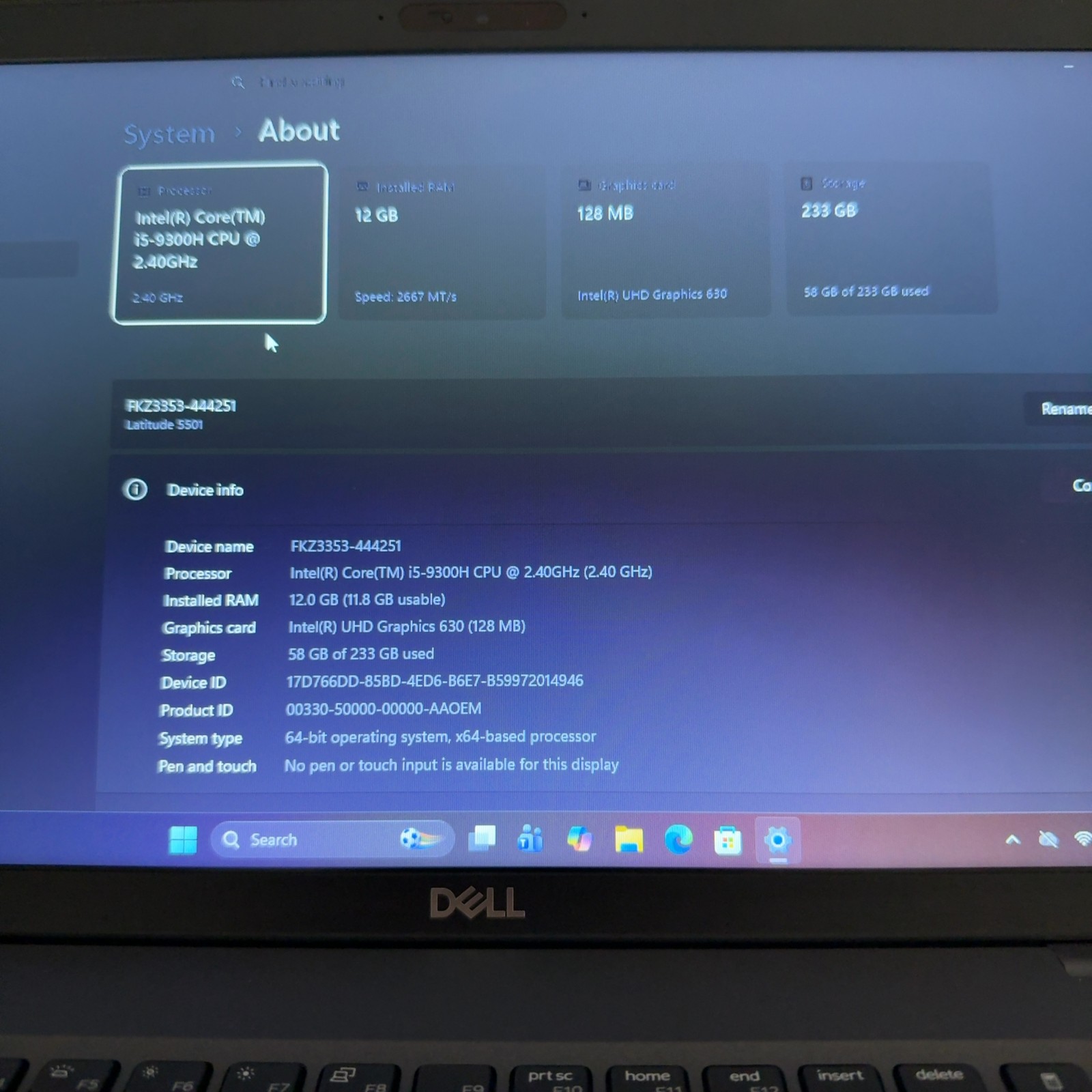 Dell Latitude 5501 i5-9300H 2.40GHz 12GB RAM 250GB SSD Win 11 Pro Laptop