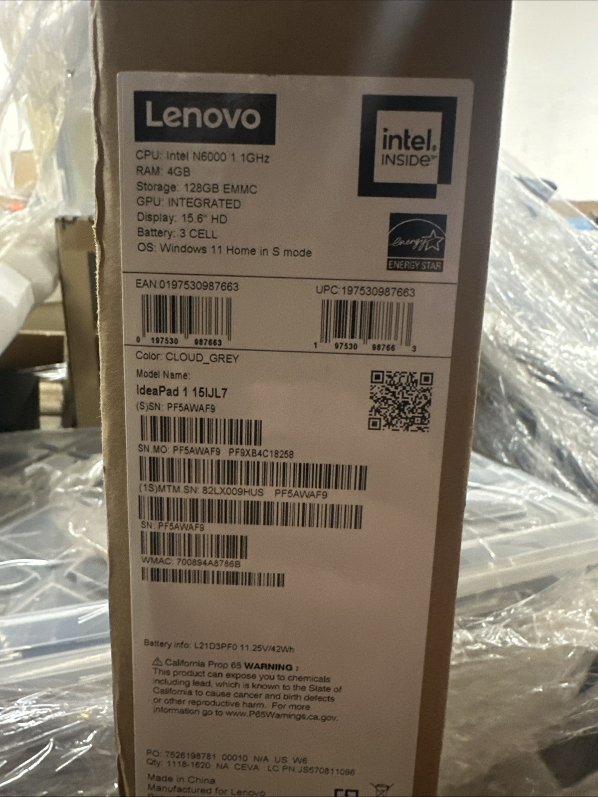 Lenovo IdeaPad 1 , 15.6″ HD Intel N6000 1.1GHz 4GB Ram, 128GB SSD