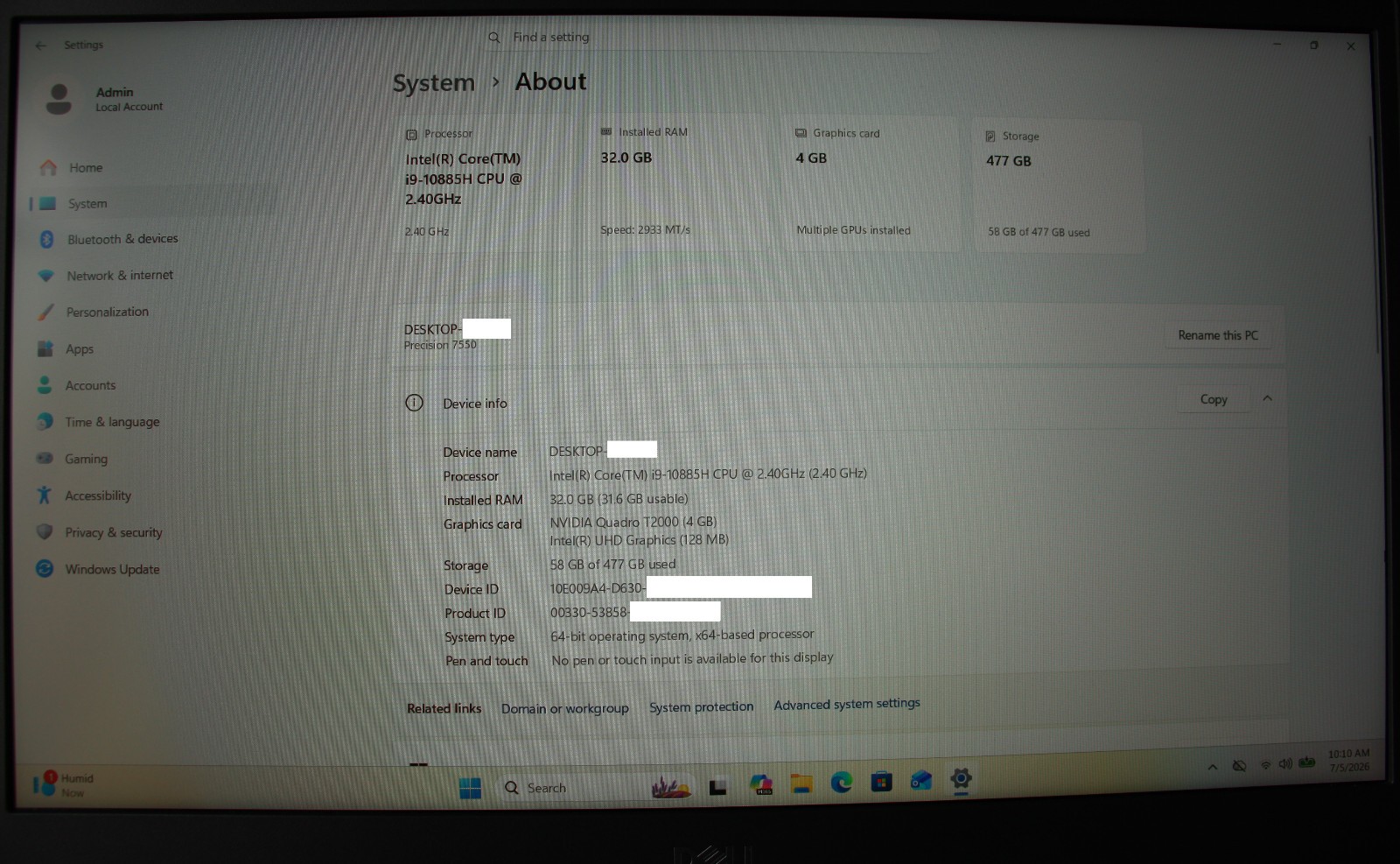 Dell Precision 7550 15.6” i9-10885H | 32GB Ram | 512GB SSD | 4GB QUADRO T2000