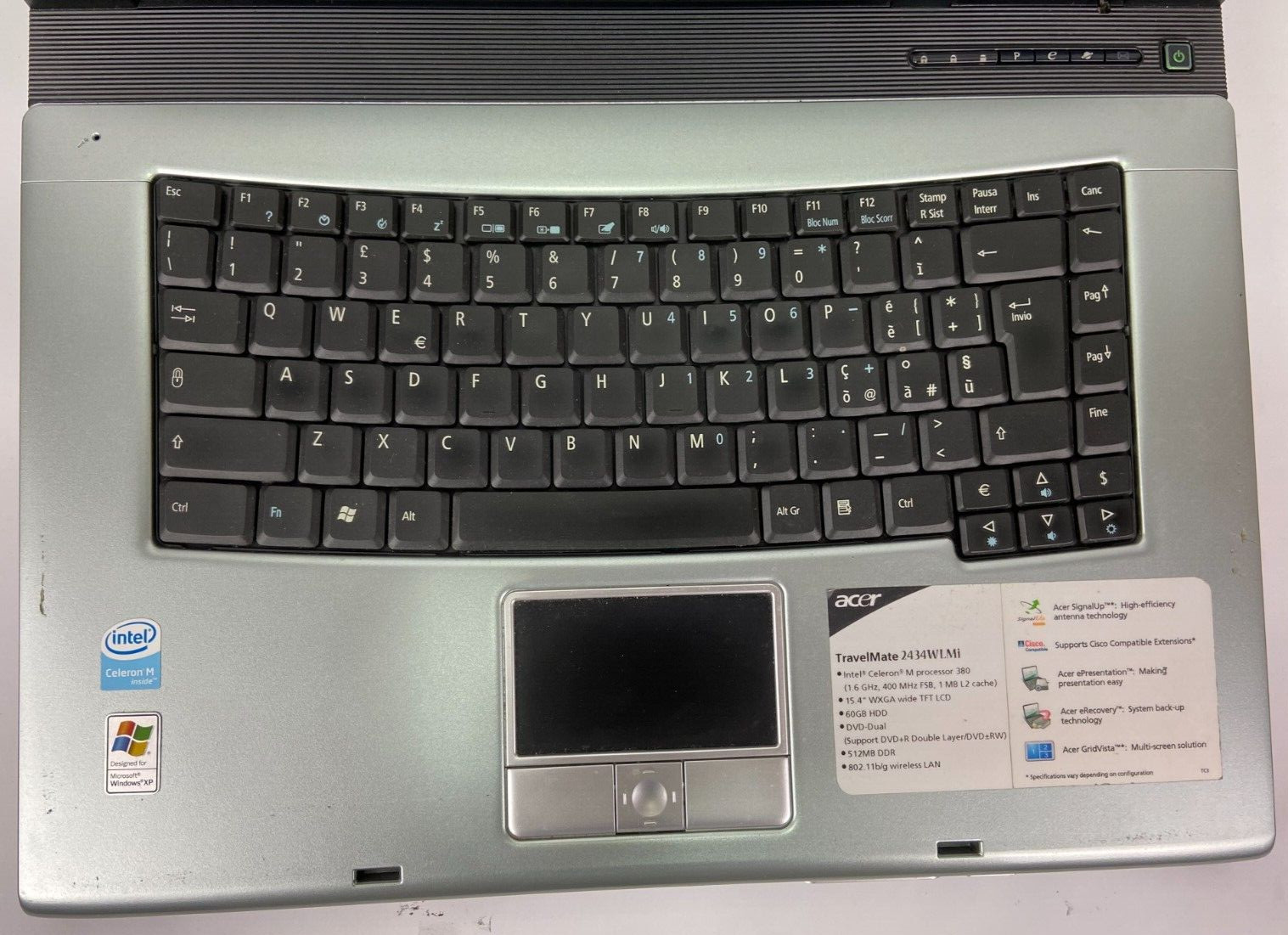 Acer 2430 Notebook PC Celeron 1.6ghz 512mb DDR 60gb HDD DVD Windows XP Pro SP3