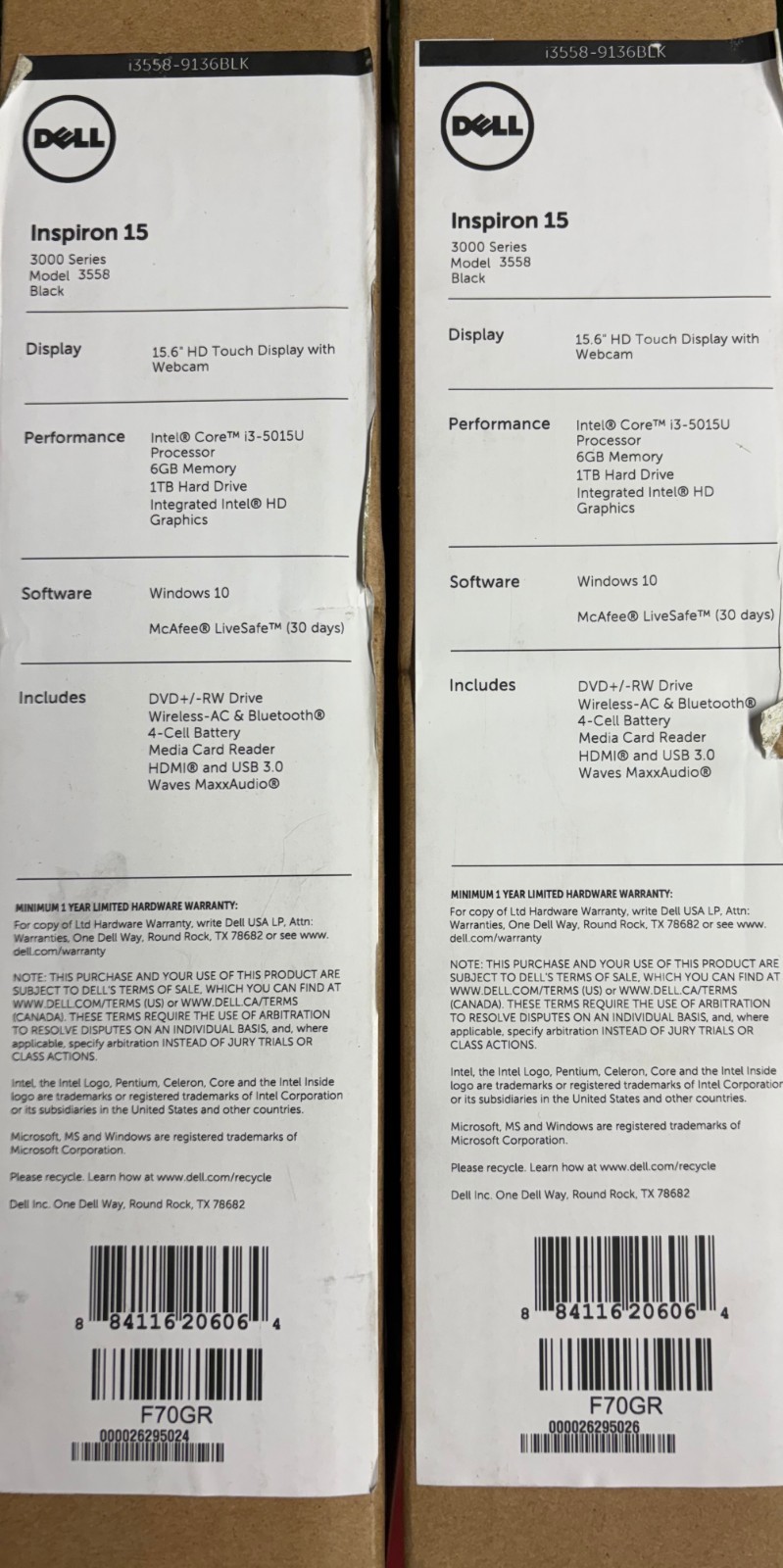 2X Dell Inspiron 3558 Laptop i3-5015U 6GB 1 TB HDD