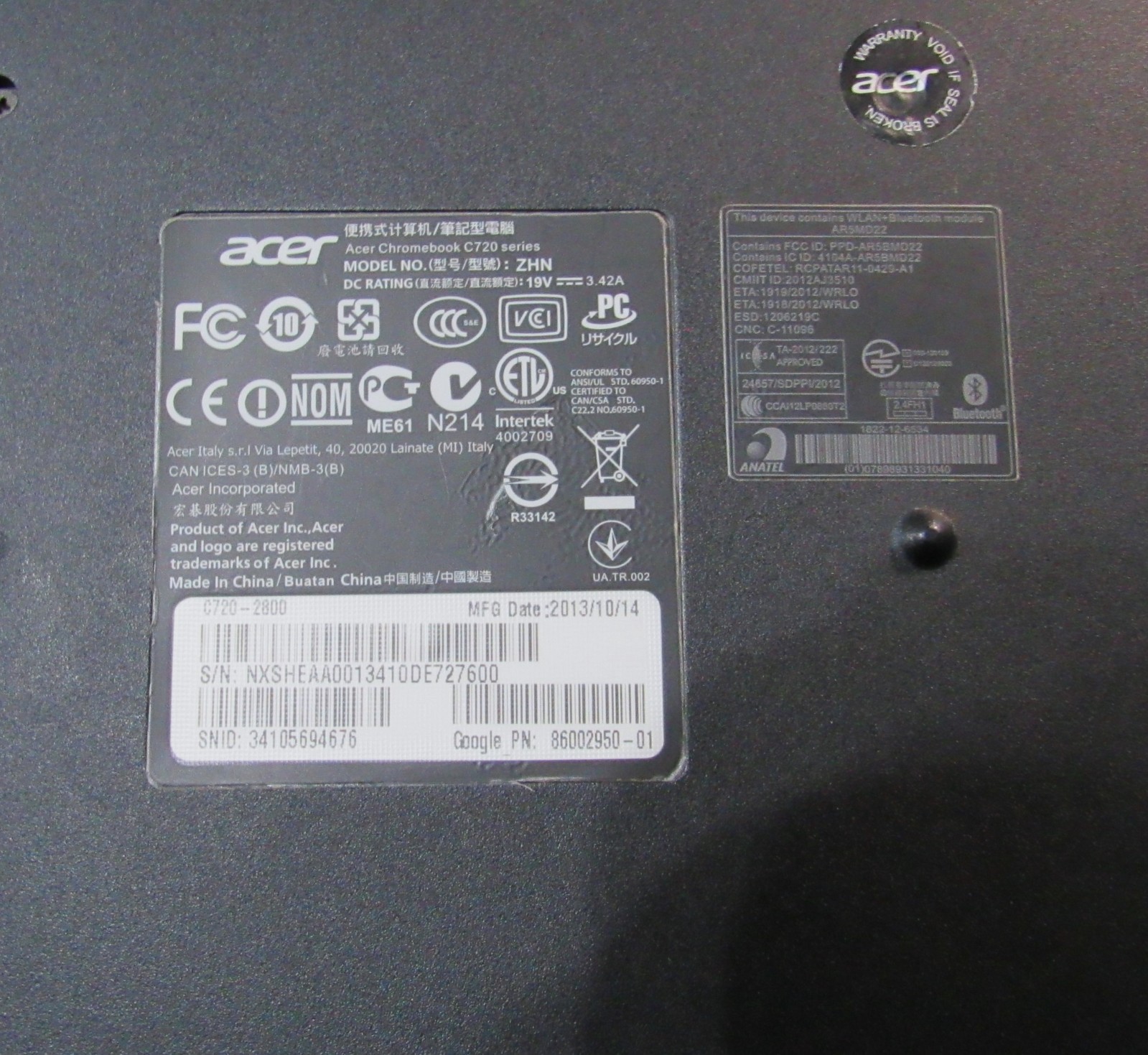 VG+-ACER CHROMEBOOK C720-2800 (16GB SSD, Intel Celeron, 1.40 GHz, 4GB)