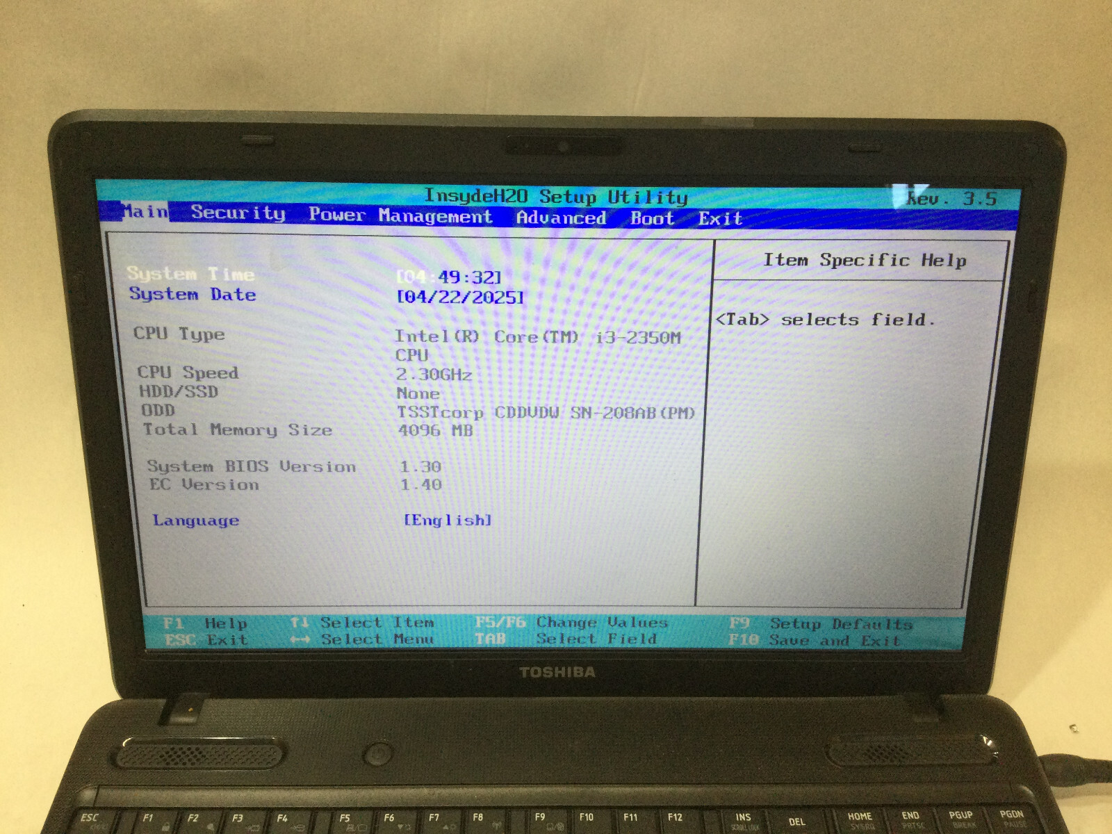TOSHIBA SATELLITE C655-S5082 – BOOTS TO BIOS – INTEL CELERON – 2GB RAM -READ-BB