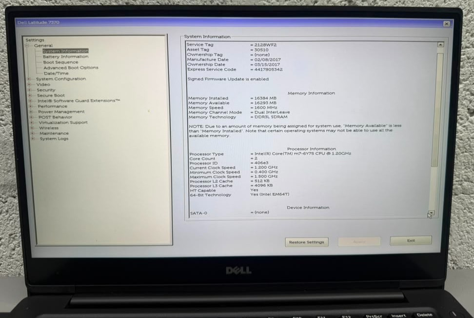 Dell Latitude 7370 13.3″ Core m7 16GB RAM 0GB SSD USED MISSING INTERNAL BATTERY