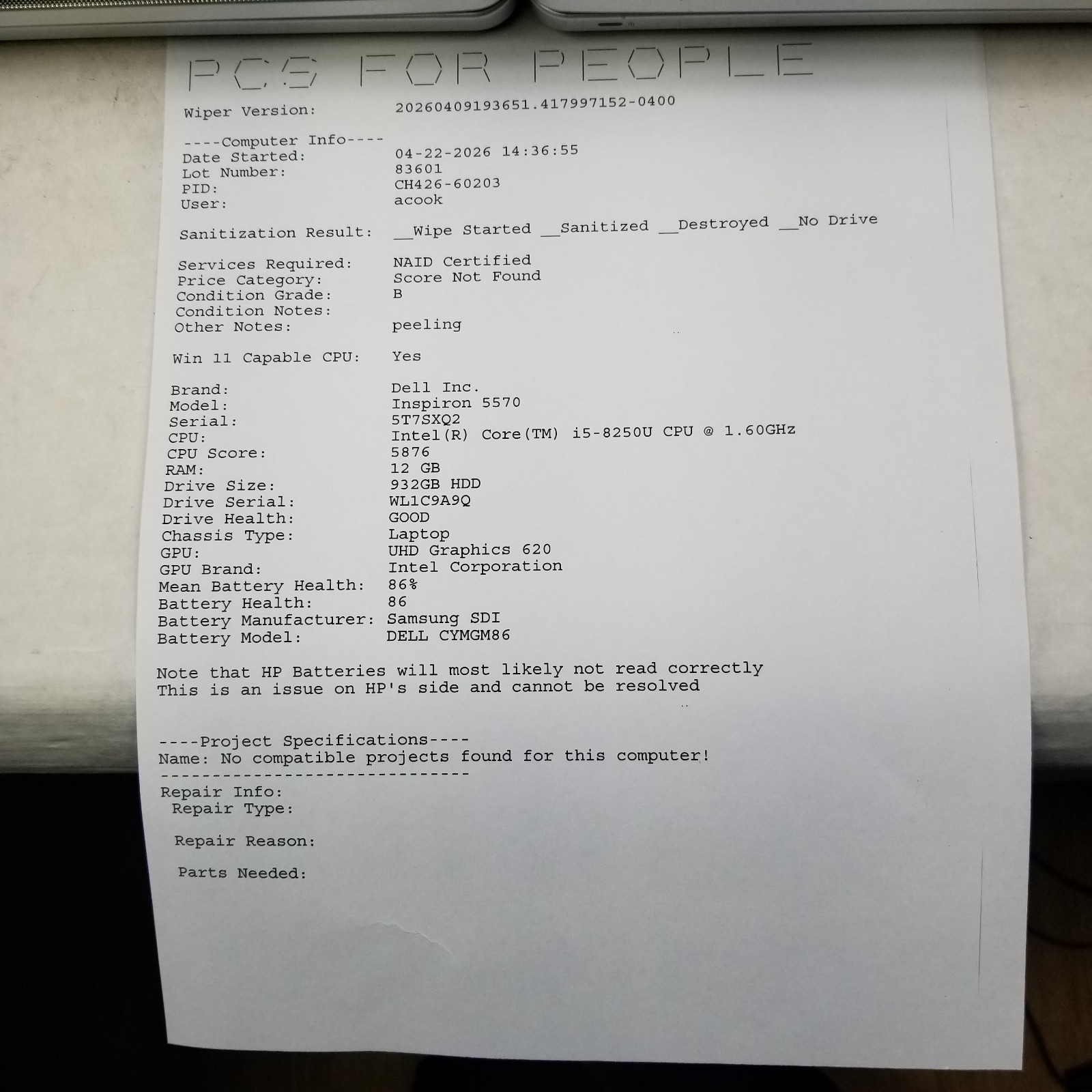 Lot of 5 Dell Inspiron Intel 6th – 8th Laptops Mixed Specs – 5566 / 5559 / 5570