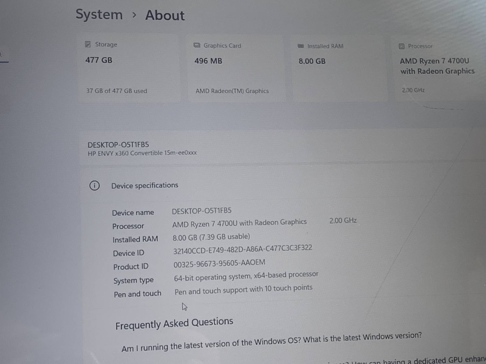 HP ENVY X360 AMD RYZEN 7 4700U@2GHz 8GB RAM 512GB NVMe W11H TOUCH WAC *READ