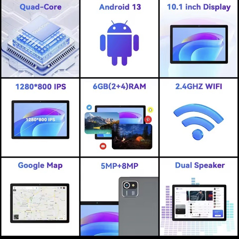 MB1001 Tablets 10.1″ 1080P HD Display 2MP+5MP Camera 6GB RAM 64GB ROM