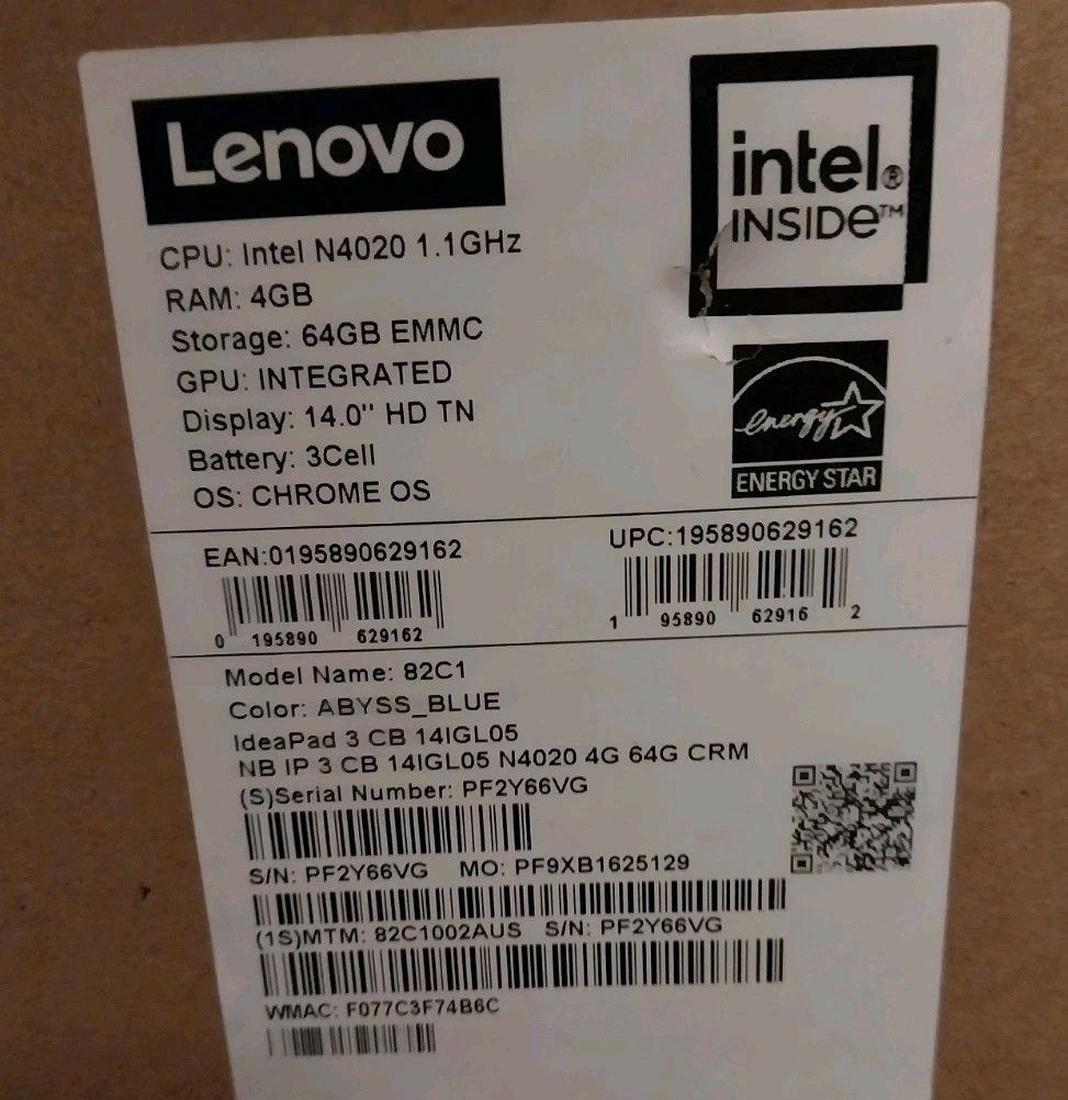 Fact. Sealed Lenovo Ideapad 3 CB 14″ HD Cel N4020 1.1GHz eMMC 4/64gb 82C1002AUS