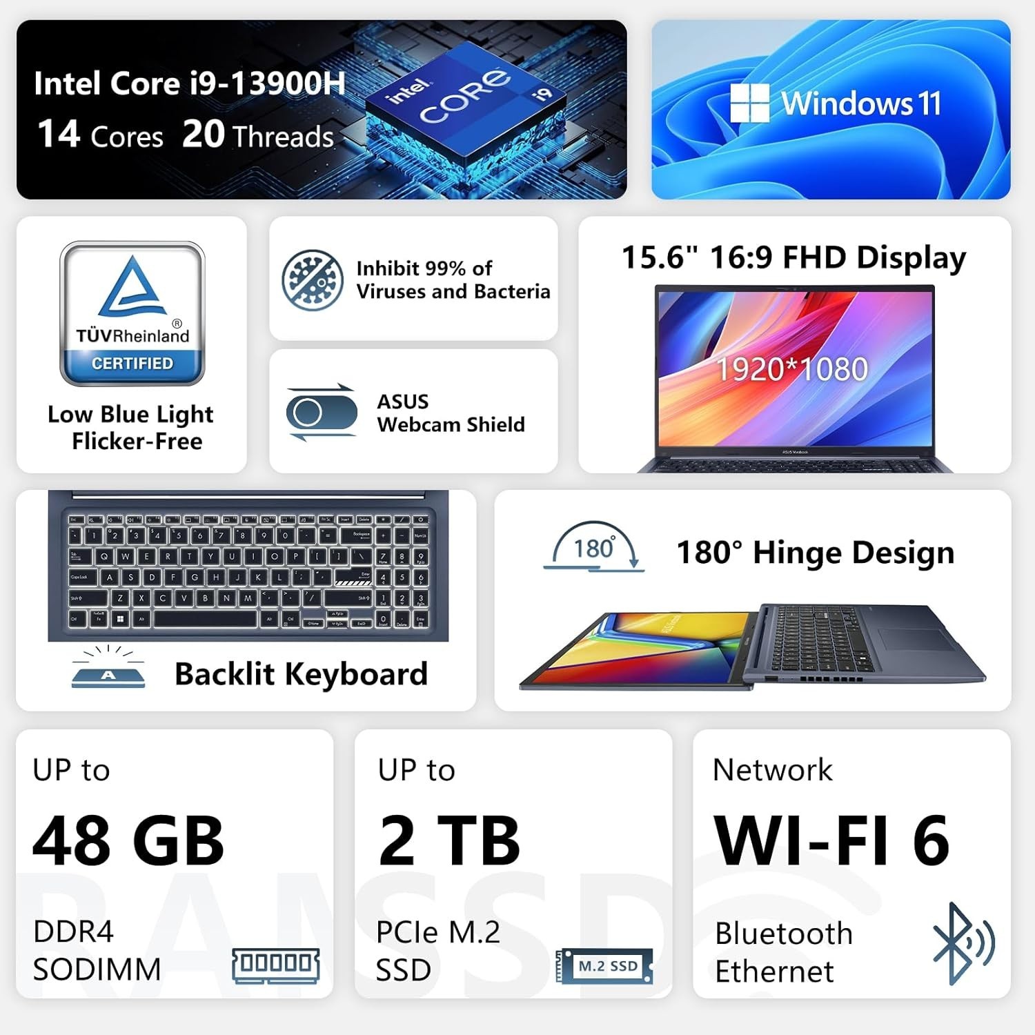 ASUS VivoBook 15.6″ FHD Business Laptop Intel Core i9-13900H 48GB RAM 2TB SSD