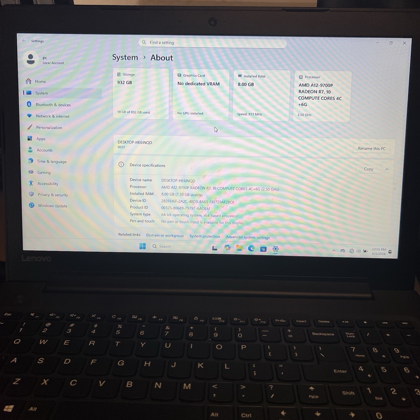 Lenovo Ideapad 310-15ABR 15.6″ AMD A12-9700P Radeon R7 4GB RAM 1 TB HDD Win 11P