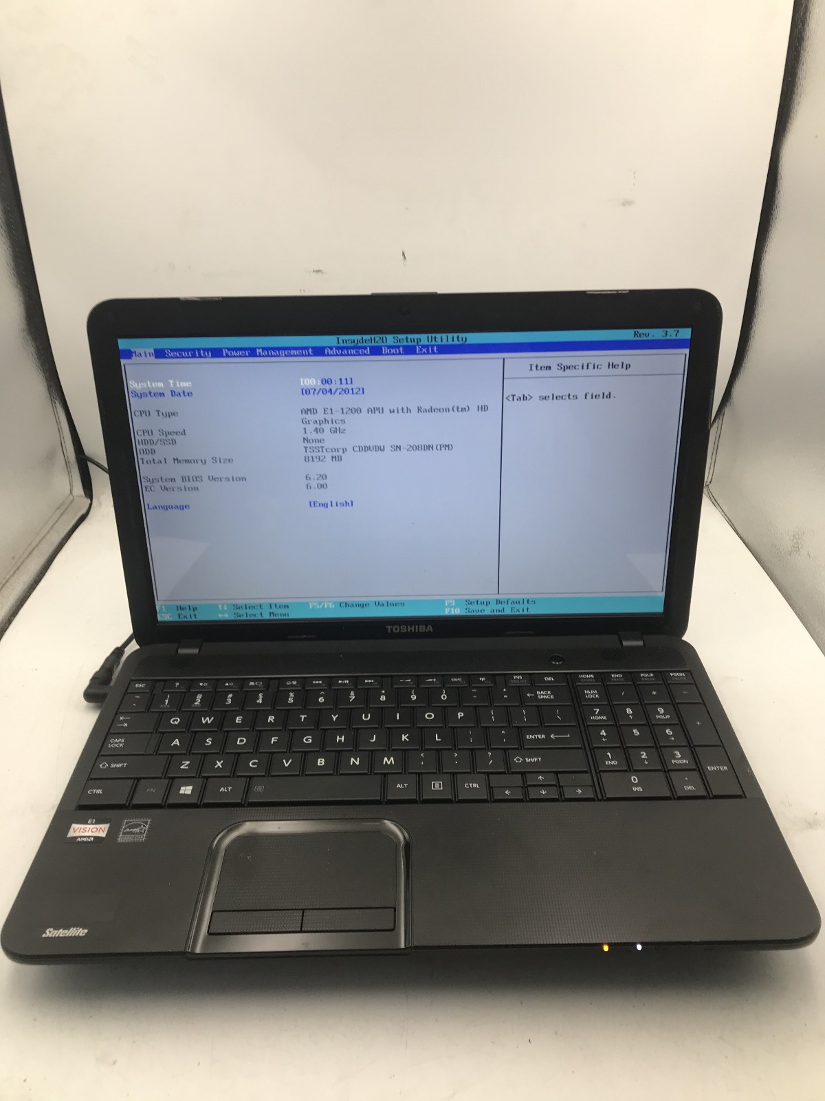 TOSHIBA SATELLITE C855D S5201 – BOOTS TO BIOS – AMD E1 1200 – 8GB RAM – READ -BB