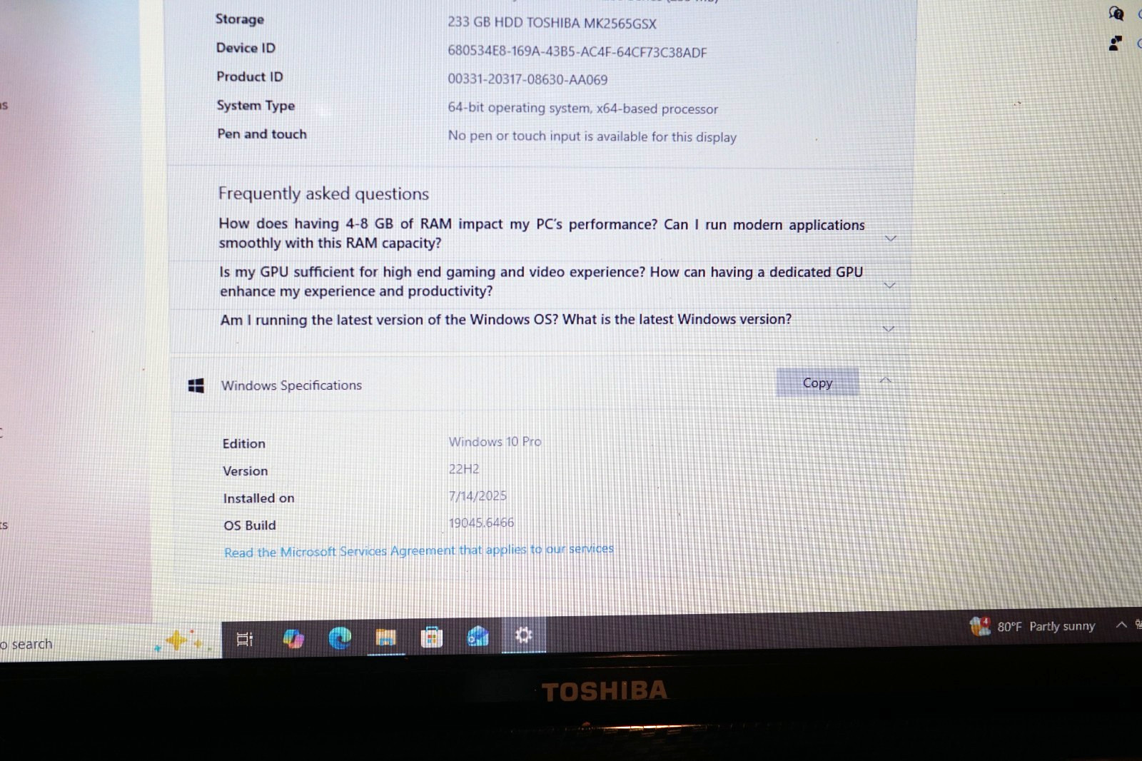 Active 22H2 Version WIN10PRO Toshiba L675D-S7052@2.90GHz,4GB RAM,250GB HDD.